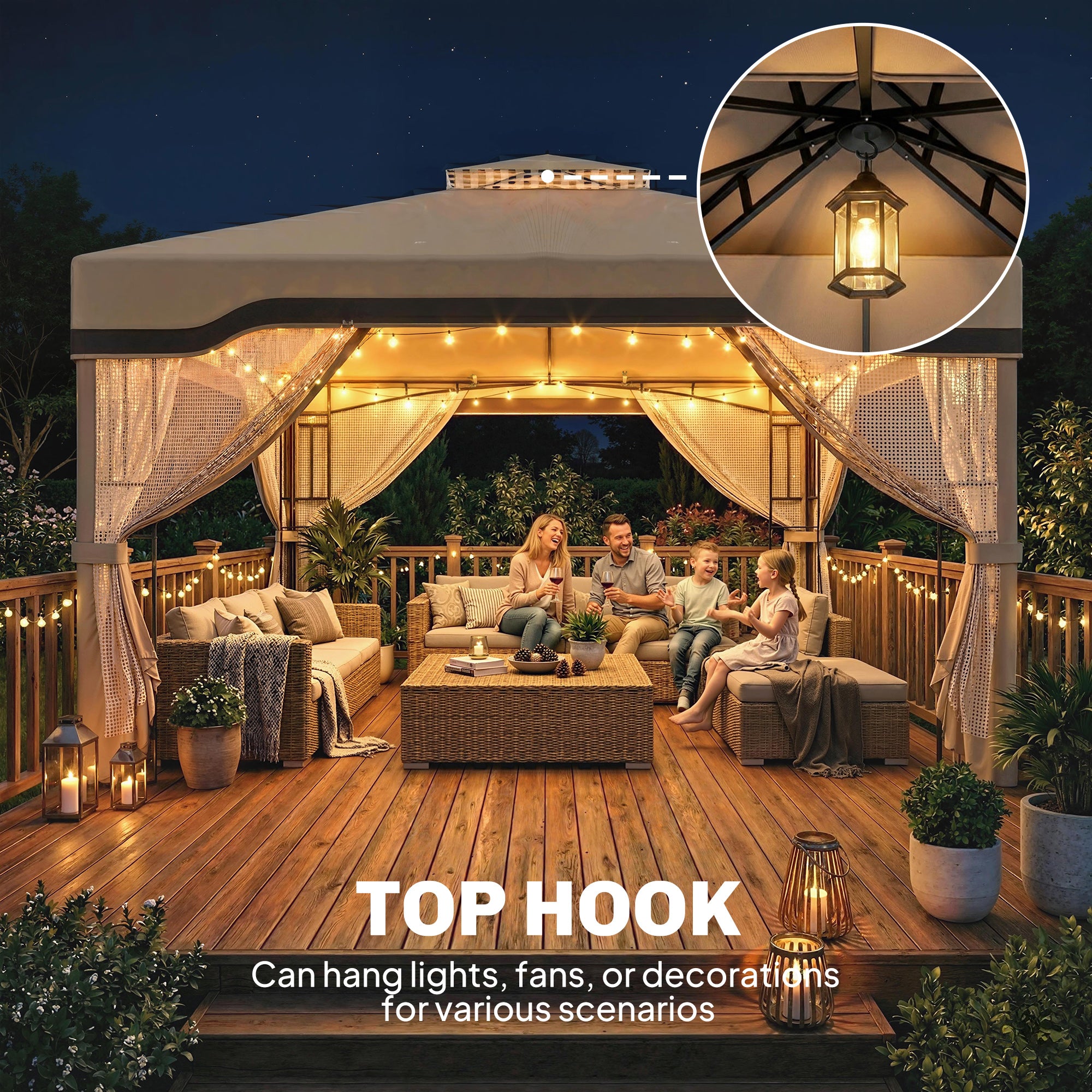 3 x 3.6 m Outdoor Garden Gazebo with Post Shelves, UPF50+ Patio Permanent Pavilion with Hook, Khaki