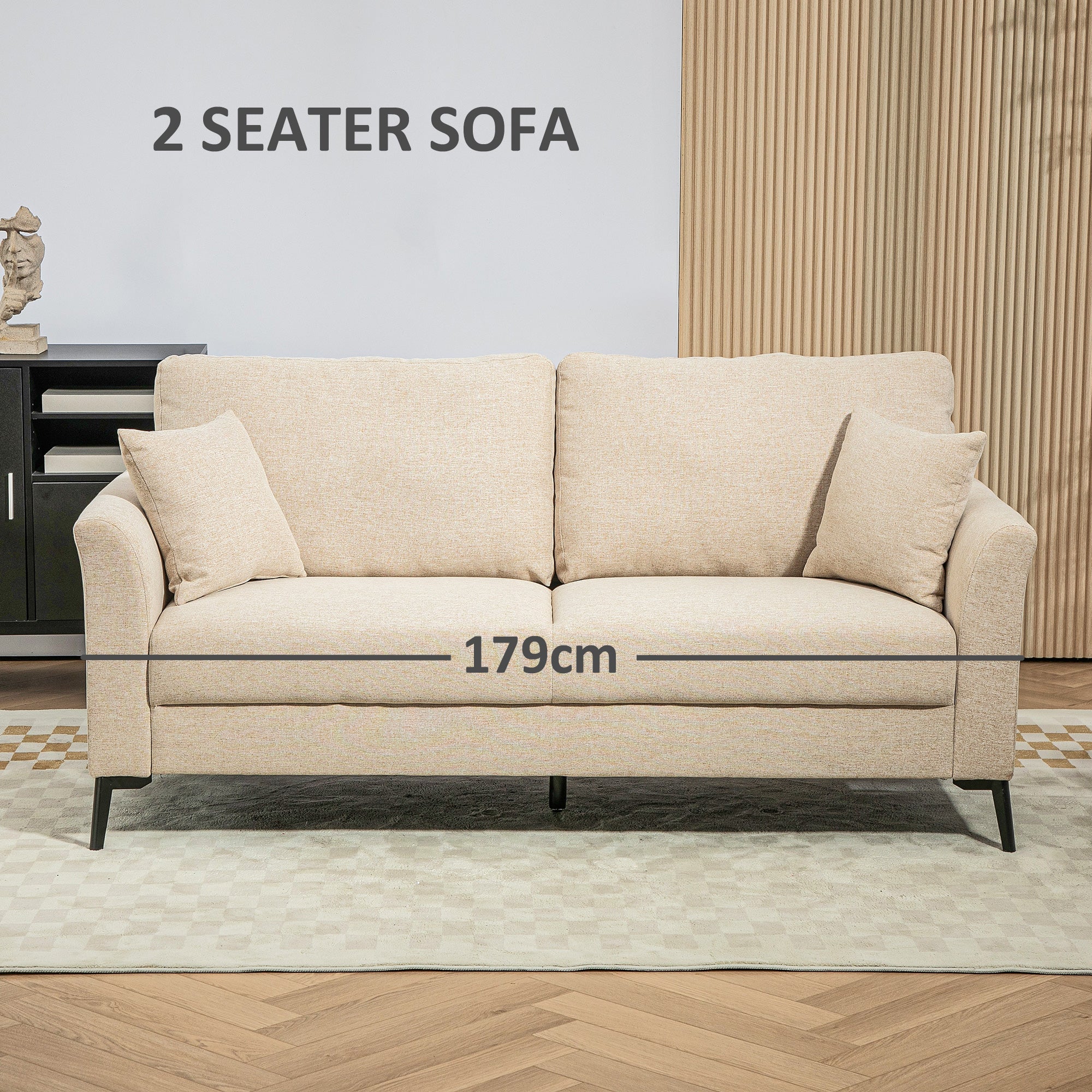 Modern 2 Seater Sofa, Linen Fabric Upholstered Loveseat Sofa with Metal Legs, Wood Frame and Padded Cushion for Living Room Bedroom Office, Beige