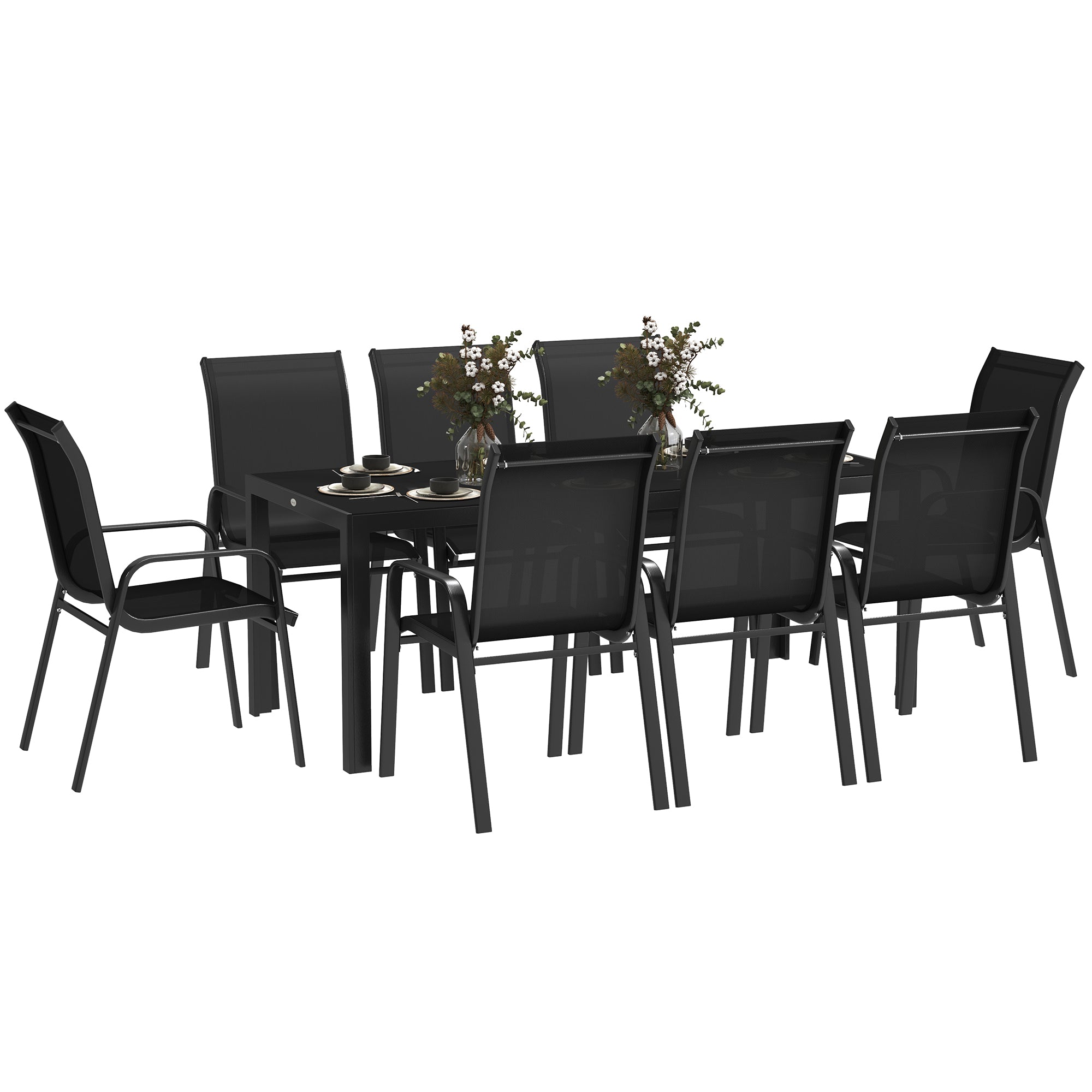 8 Seater Garden Dining Set with Stacking Chairs, Rectangular Tempered Glass Top, Garden Furniture Set, Outdoor Dining Table and Chairs for Patio, Balcony, Poolside, Black