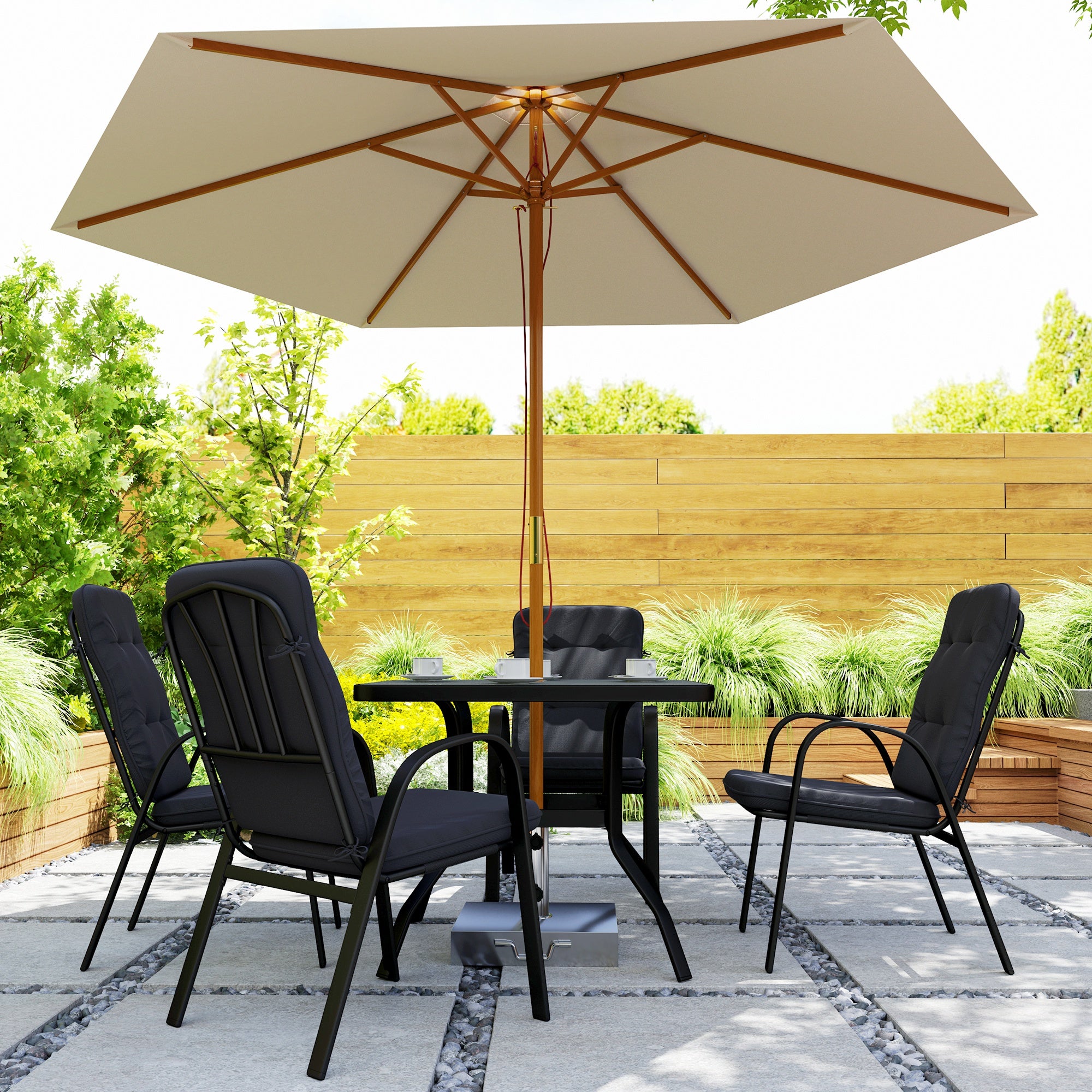 5 Pieces Outdoor Square Garden Dining Set w/ Tempered Glass Dining Table 4 Cushioned Armchairs, Umbrella Hole, Black