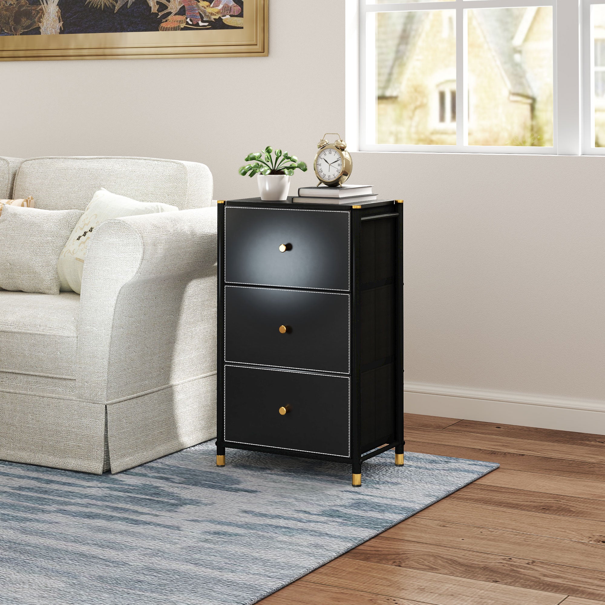 Faux Leather Front Chest of Three Drawers - Black