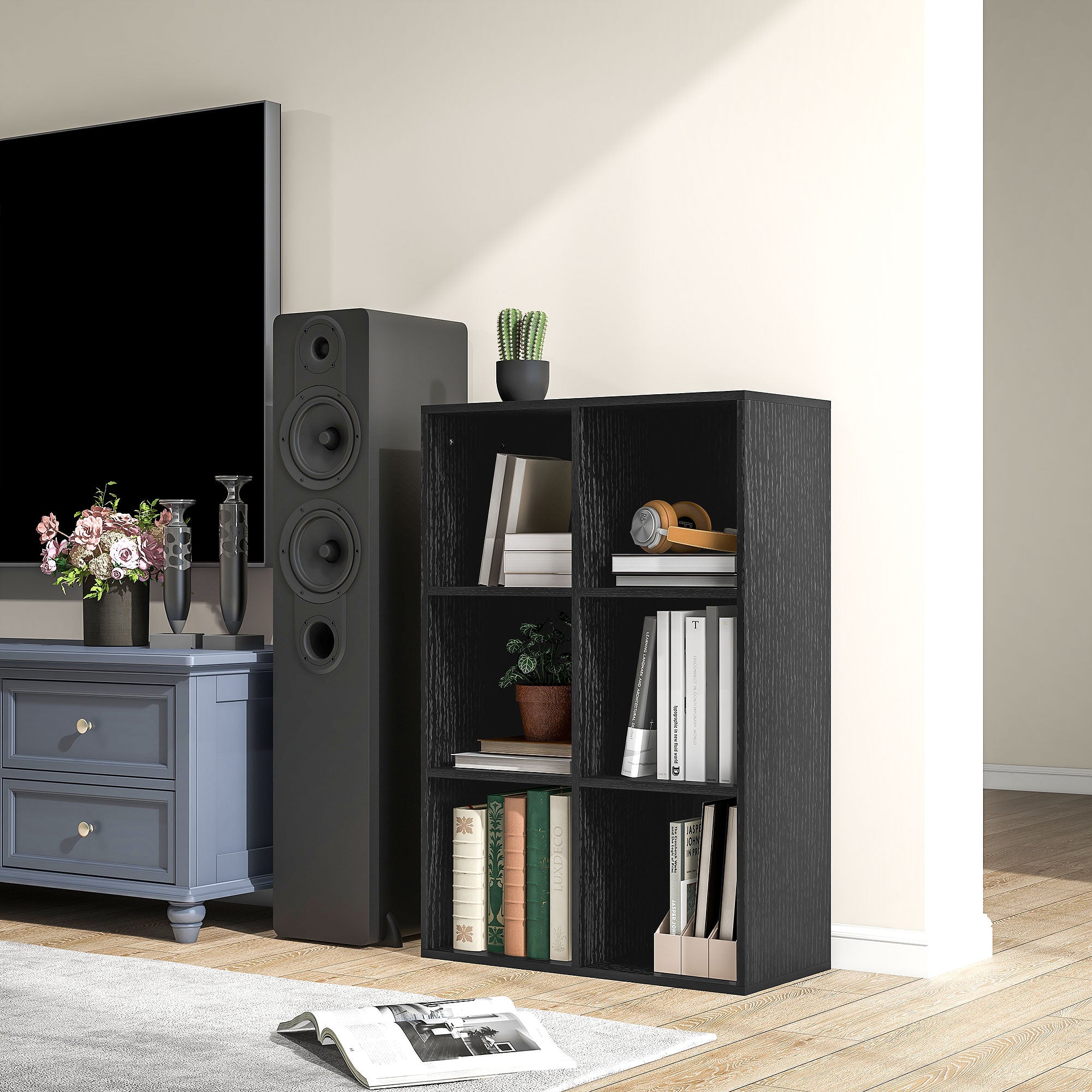 Six-Cube Bookcase Storage Unit with Black Wood Effect Finish - Black