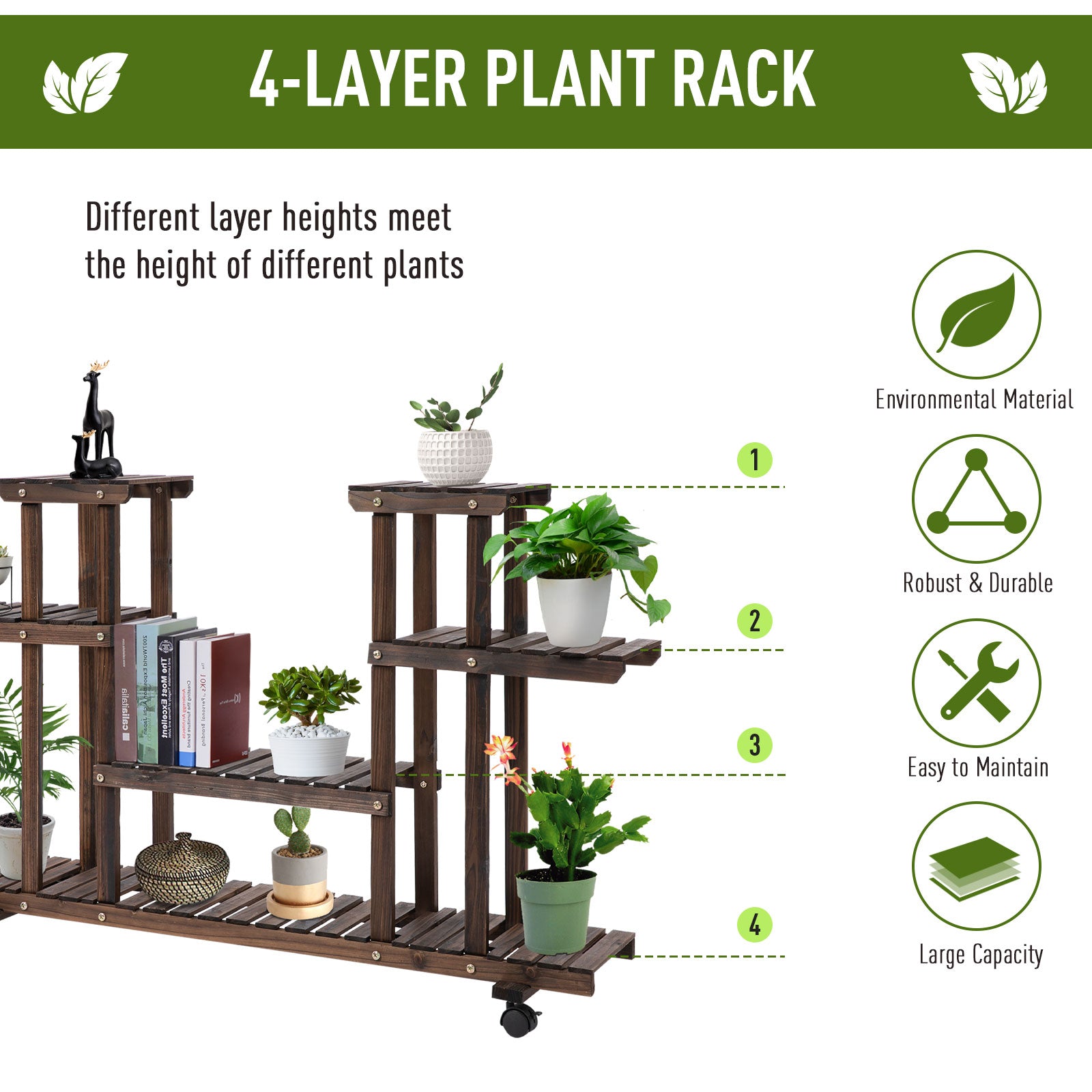 4-Tier Plant Stand with Wheels and Brakes, Floor-standing Wooden Flower Rack, for Indoor & Outdoor Garden Balcony Living Room, 124 x 33 x 80 cm