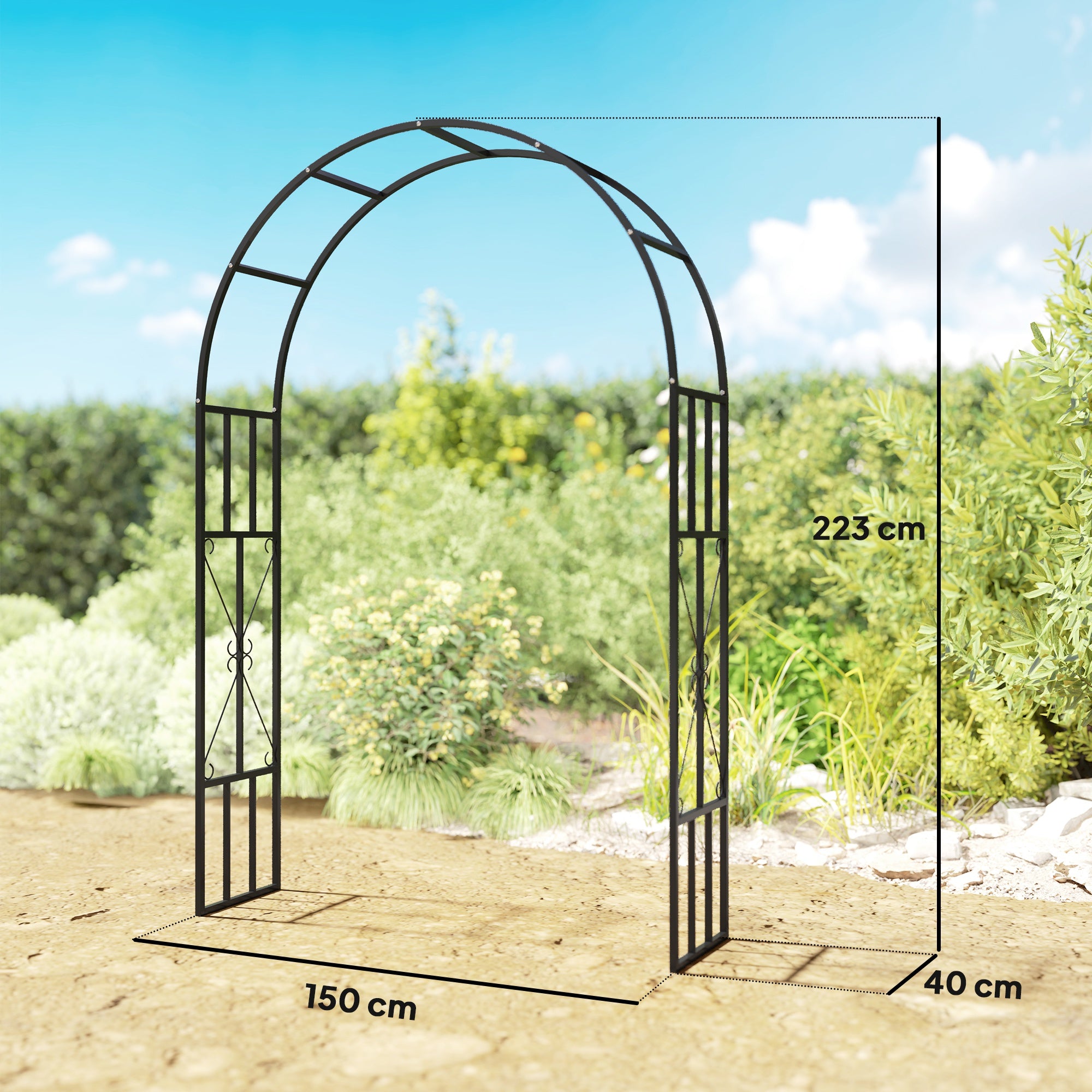 Steel Garden Arch 2.2m x 1.5m Metal Trellis for Climbing Plants and Wedding Decoration - Black