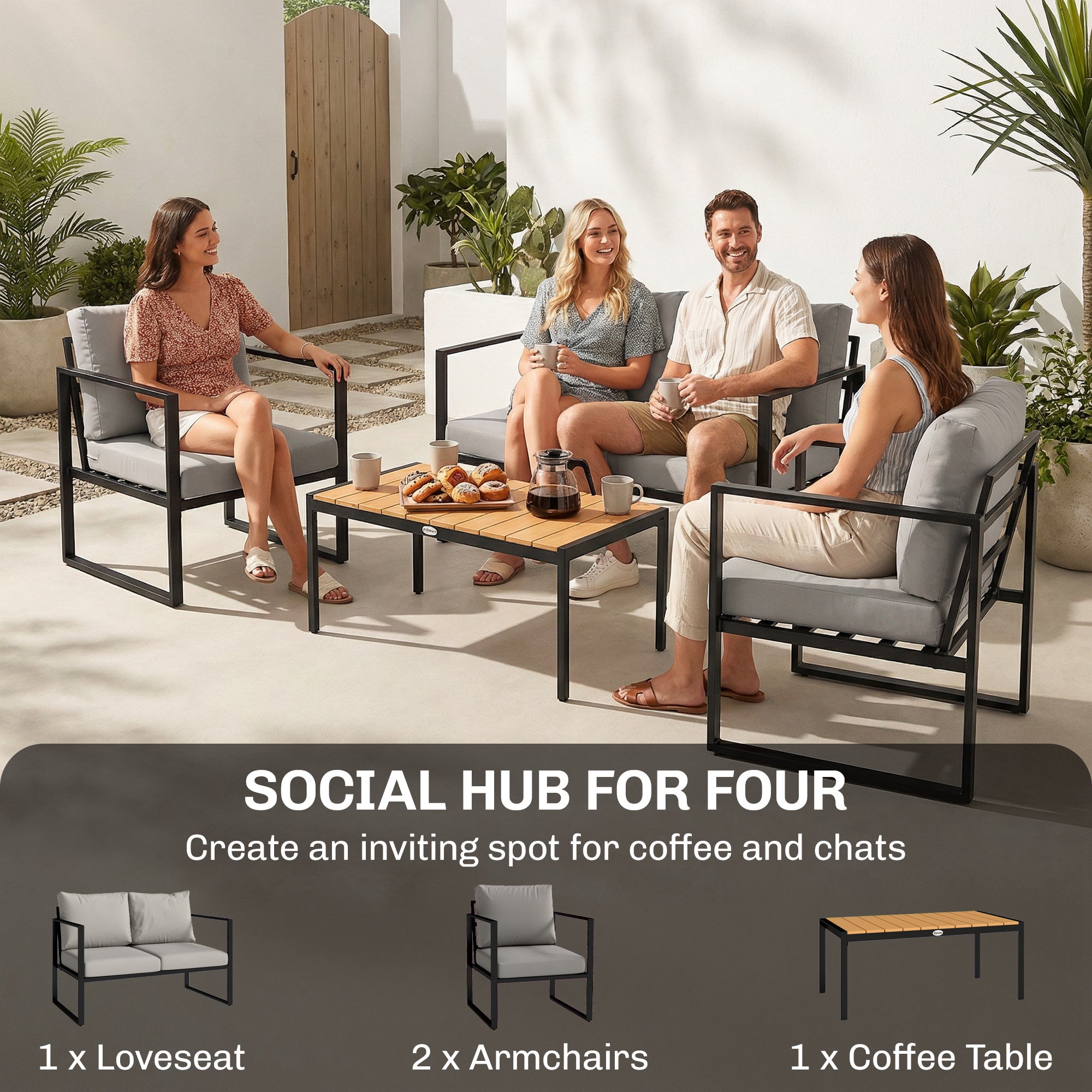 Outdoor Garden Furniture Set, 4 Piece Patio Furniture with Slatted Table, Indoor Outdoor Balcony Patio Conservatory Set
