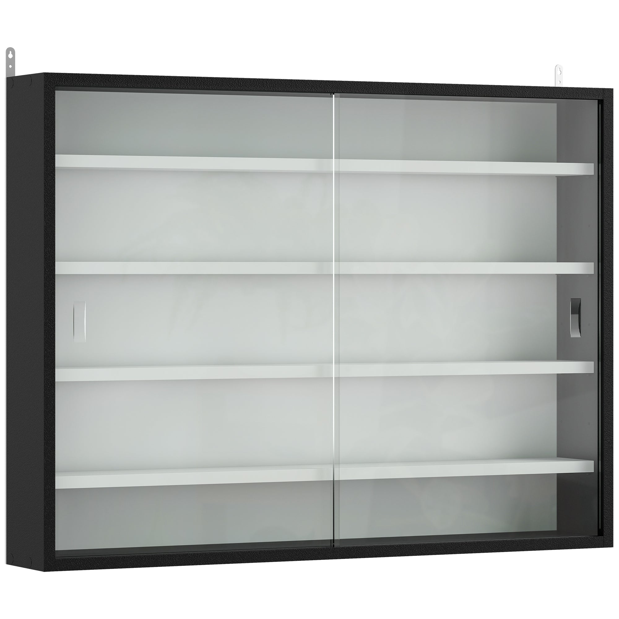 5-Tier Wall Display Cabinet, Wall Mounted Display Case w/ 4 Adjustable Shelves, Glass Doors, 60x80cm, Black and White