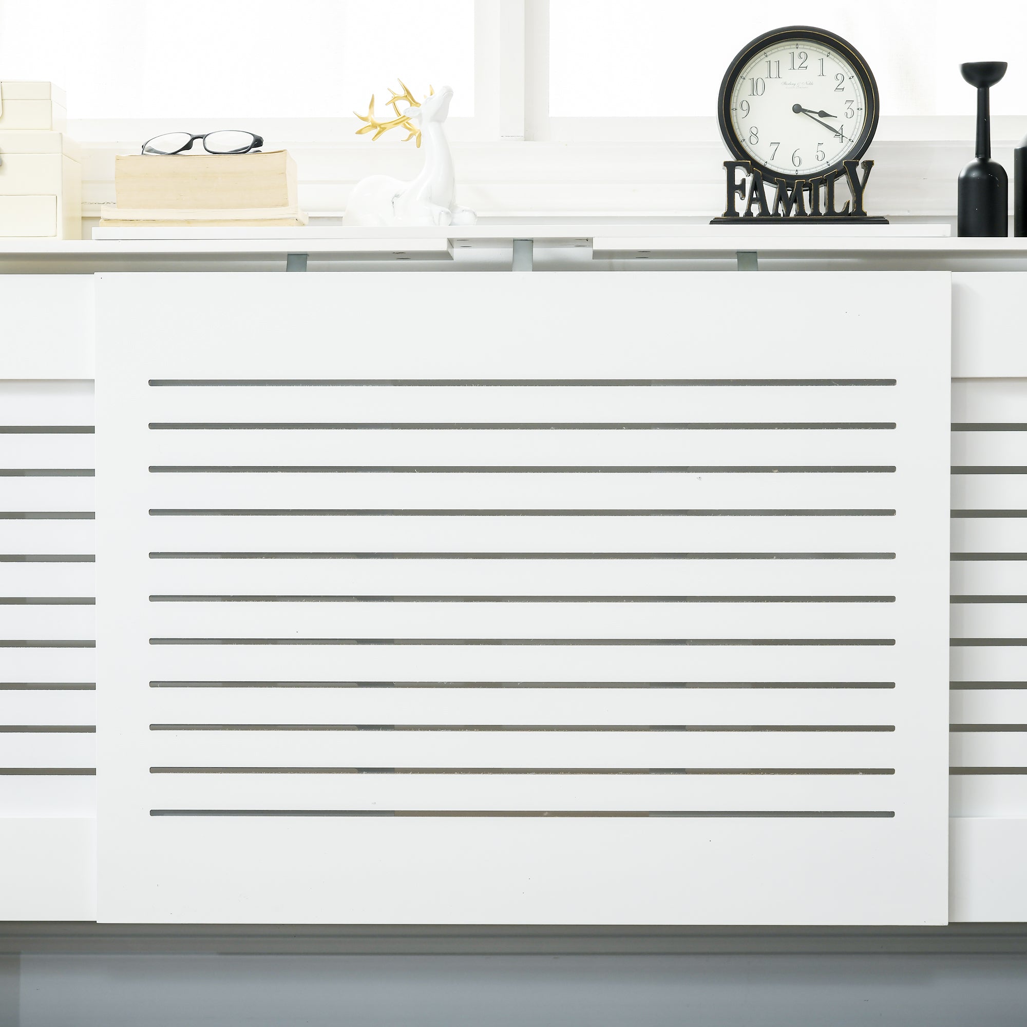 Set of 2 MDF Extendable Radiator Cover with Cabinet Shelving, Home Office Slatted Design, White 139-208.5L x 20.5W x 82.5H cm