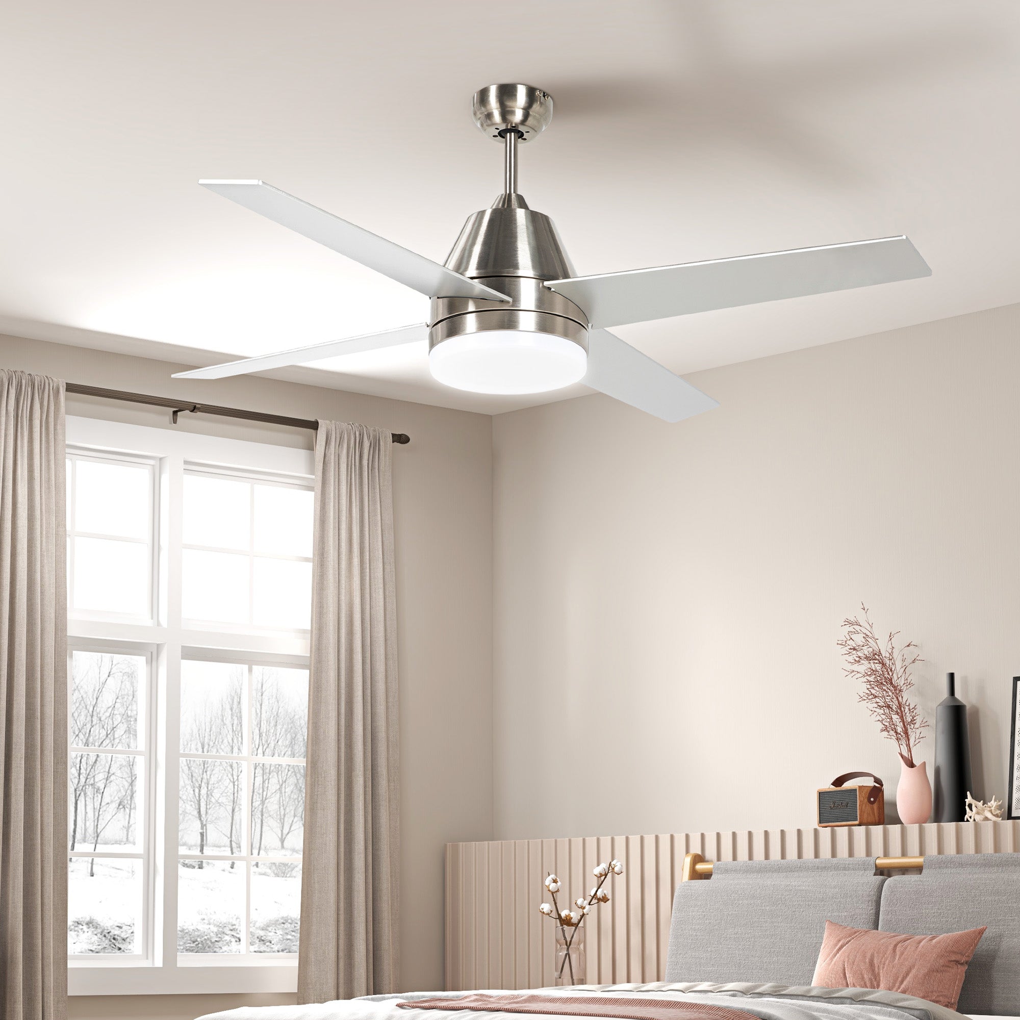 Ceiling Fan with LED Light, Flush Mount Ceiling Fan Lights with Reversible Blades, Remote, Silver and Black