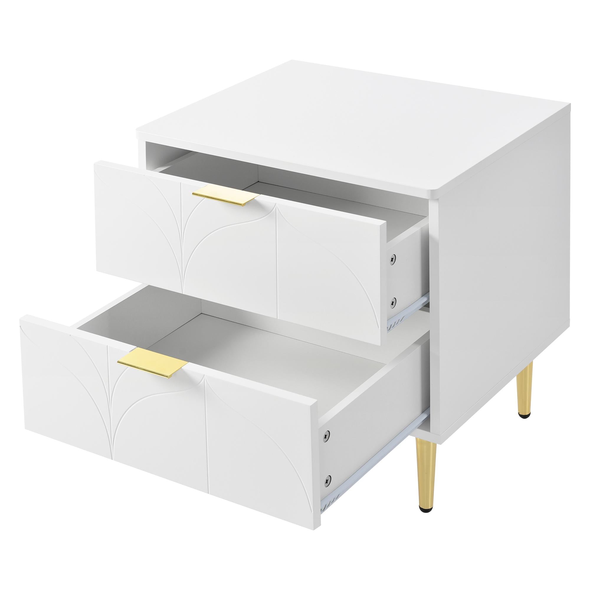 Set of 2 Modern Bedside Tables with 2 Drawers, Floral Pattern and Gold-Plated Accents, Anti-Bump Design, 50L x 40W x 54H cm, White