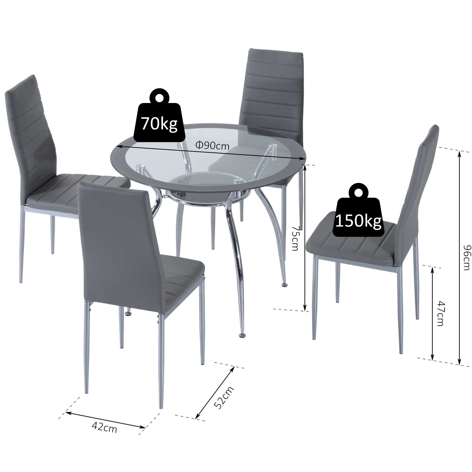 Five-Piece Dining Set, with Padded Chairs and Glass-Top Table - Grey