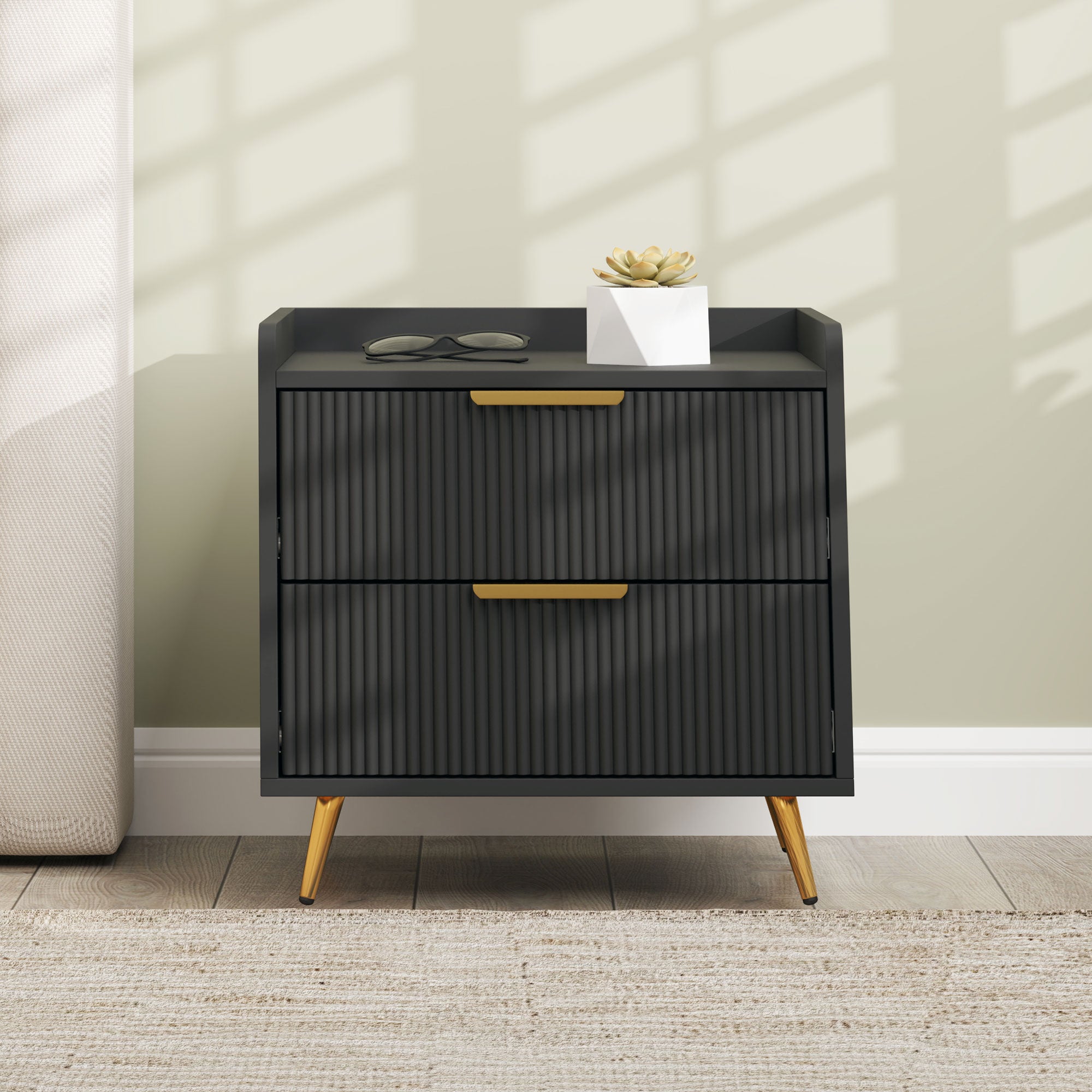 Elegant Two-Drawer Bedside Table with Gold Handles - Black