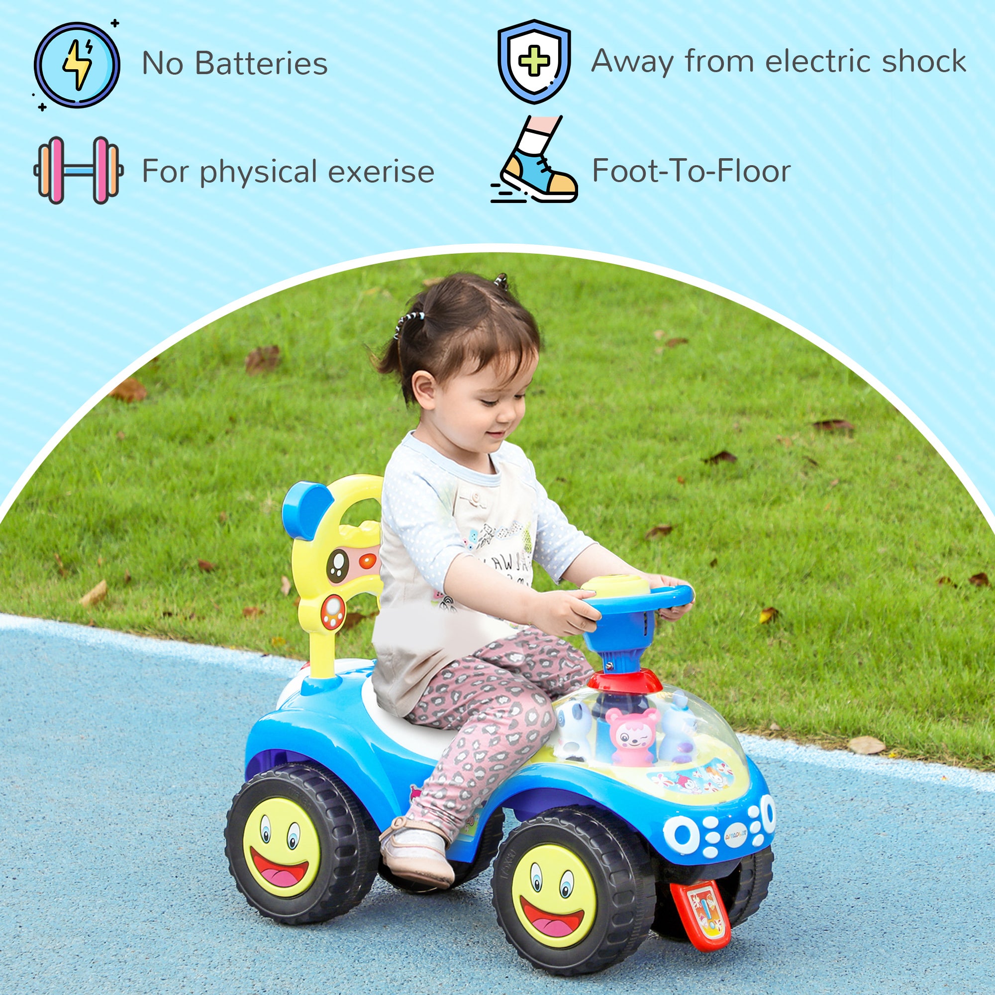 Foot to Floor oddler Ride on Toy w/ Music, Light, Horn, Under Seat Storage, Anti-Over-Backwards Device, Blue