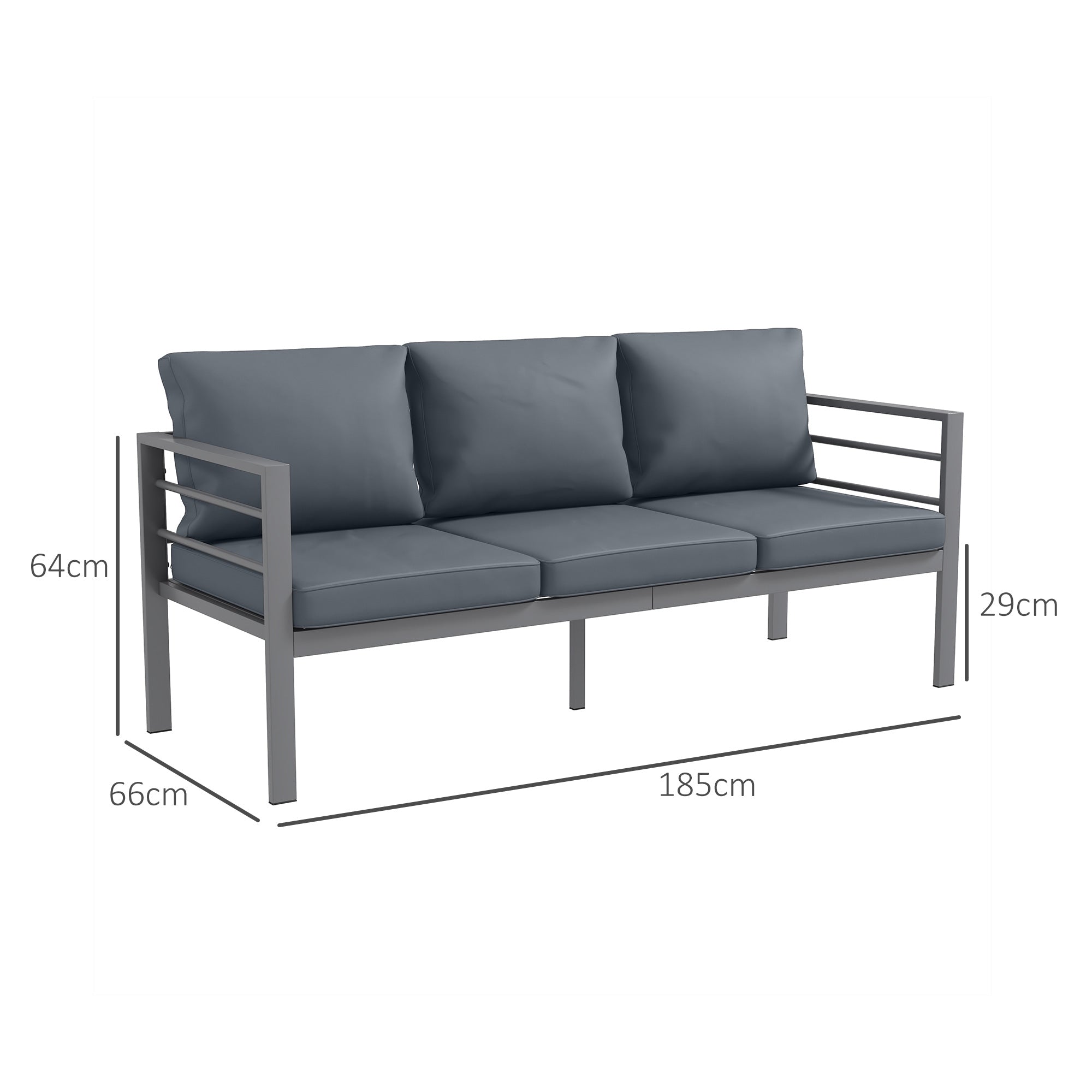 Aluminium Three-Seater Garden Bench, with Cushions - Grey