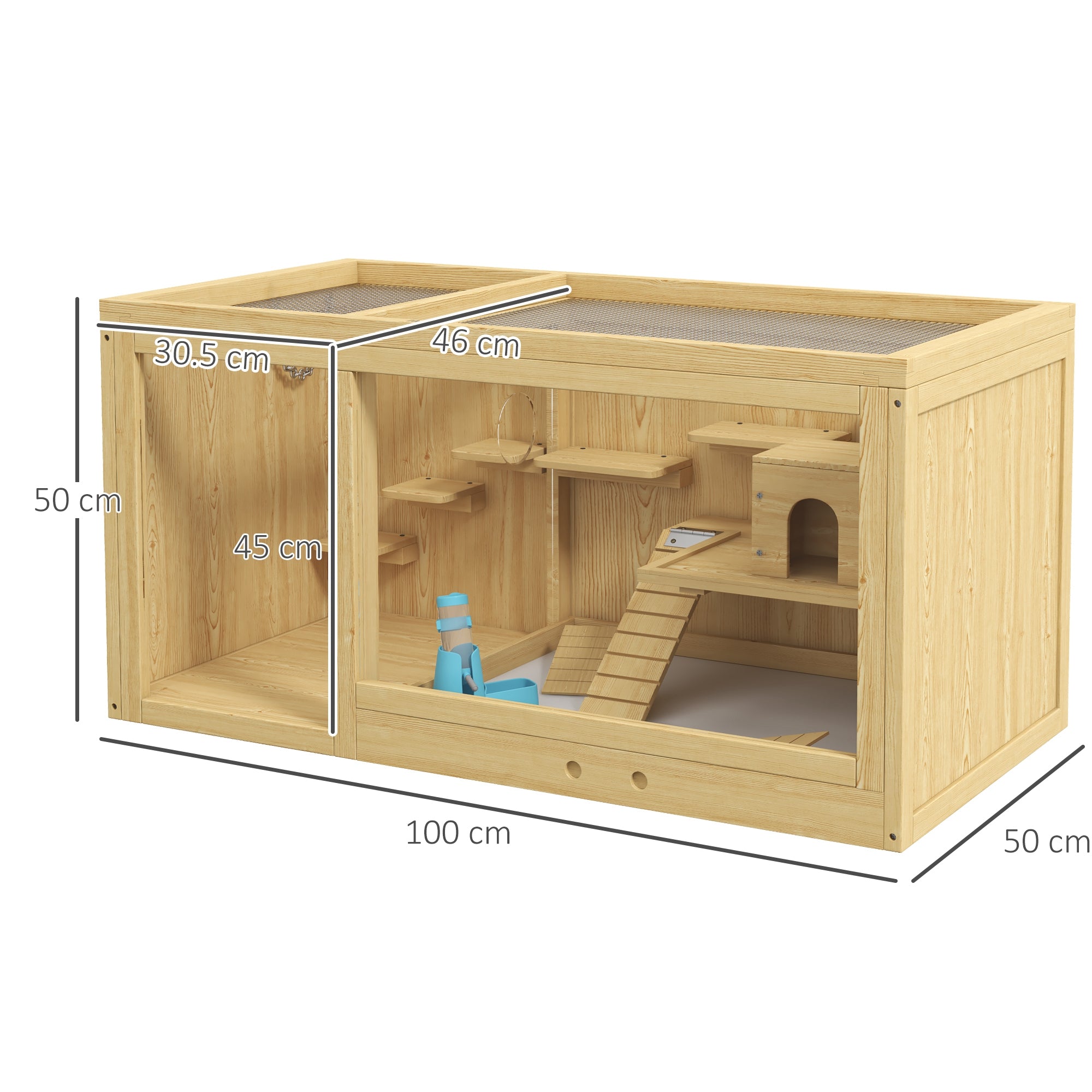 Wooden Hamster Cage with Water Bottle, Platforms, Openable Roof, Sliding Tray, Hut, Seesaws, Natural Wood Finish