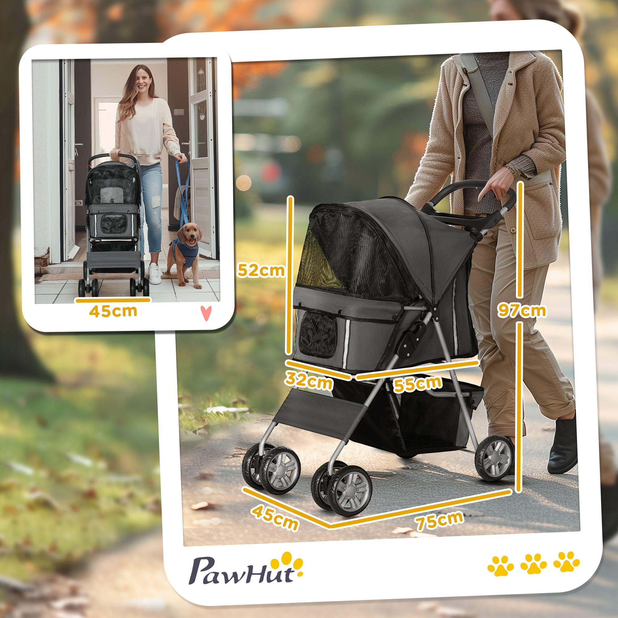 Foldable Pet Stroller for Small and Miniature Dog, Dark Grey