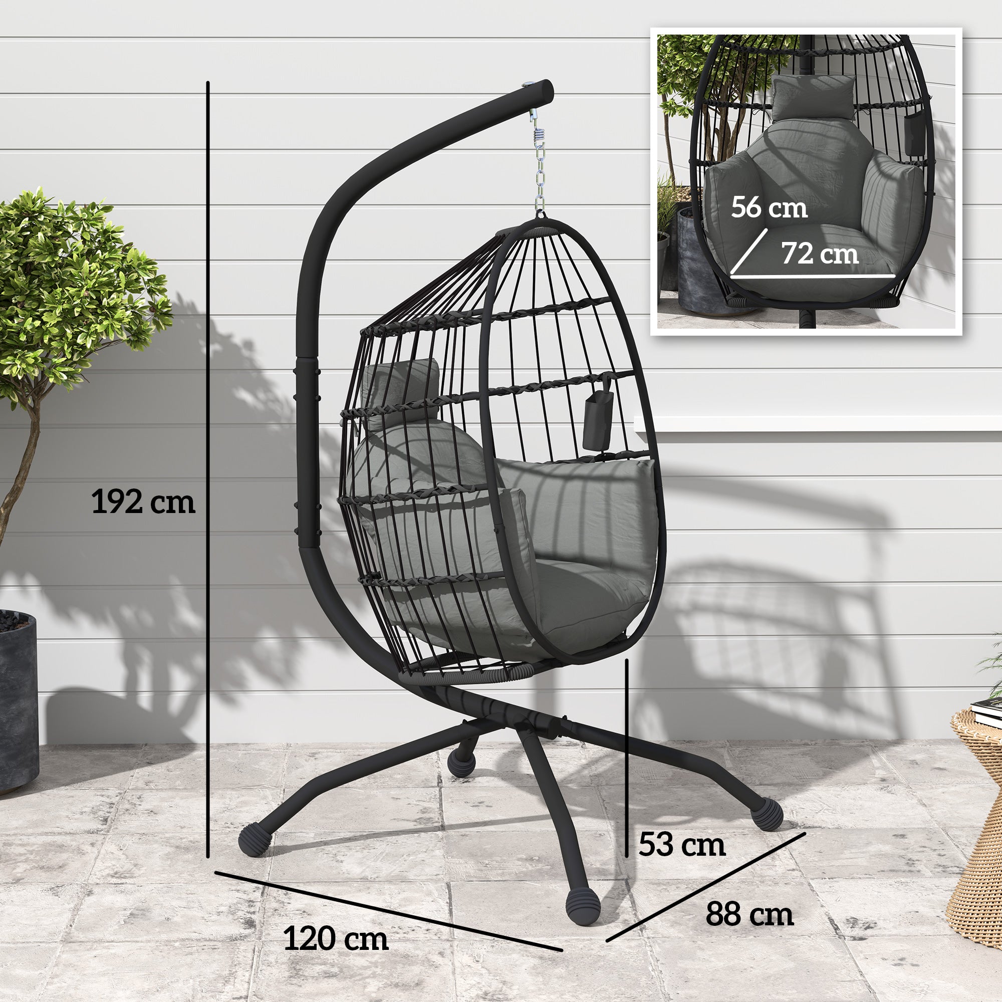 Hanging Egg Swing Chair with Folding Basket, Cushion, Headrest & Cup Holder for Indoor Outdoor Patio Garden - Dark Grey
