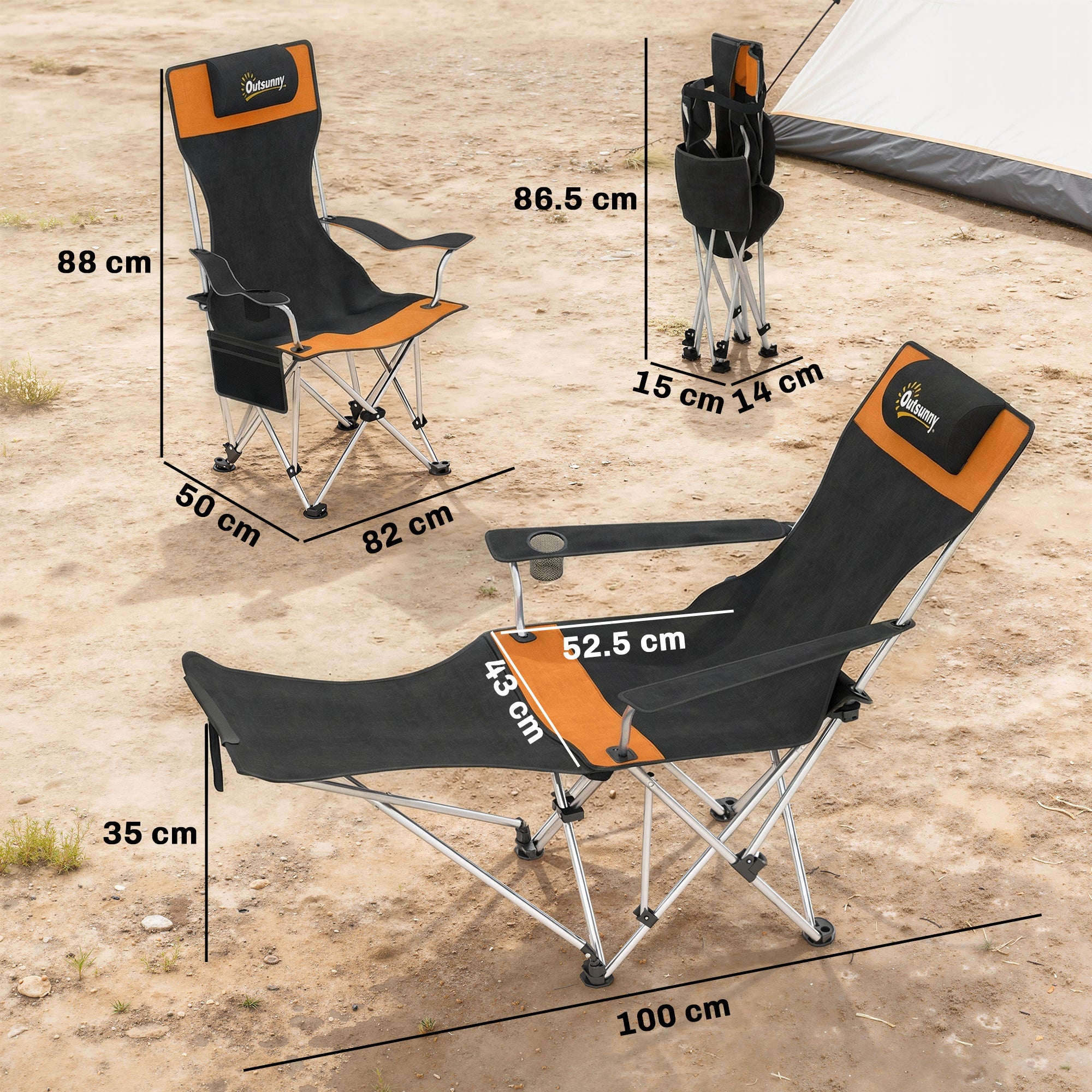 Set of 2 Reclining Folding Camping Chair w/ Detachable Footrest, Storage Bag, Cup Holder & Headrest, Lightweight Portable Camp Chair for Beach, Picnic, Orange and Black