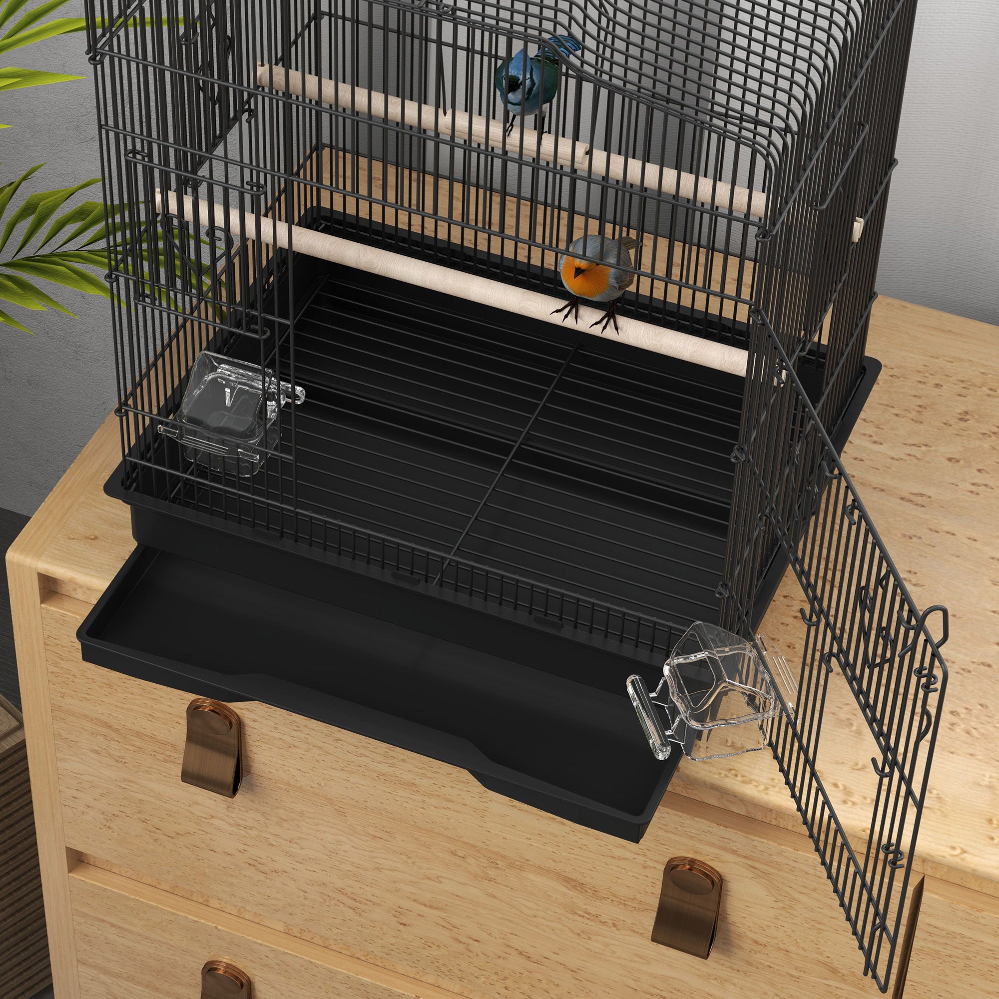 Large Metal Bird Cage with Perches, Food Bowls, Swing, for Budgies, Parakeets, Black