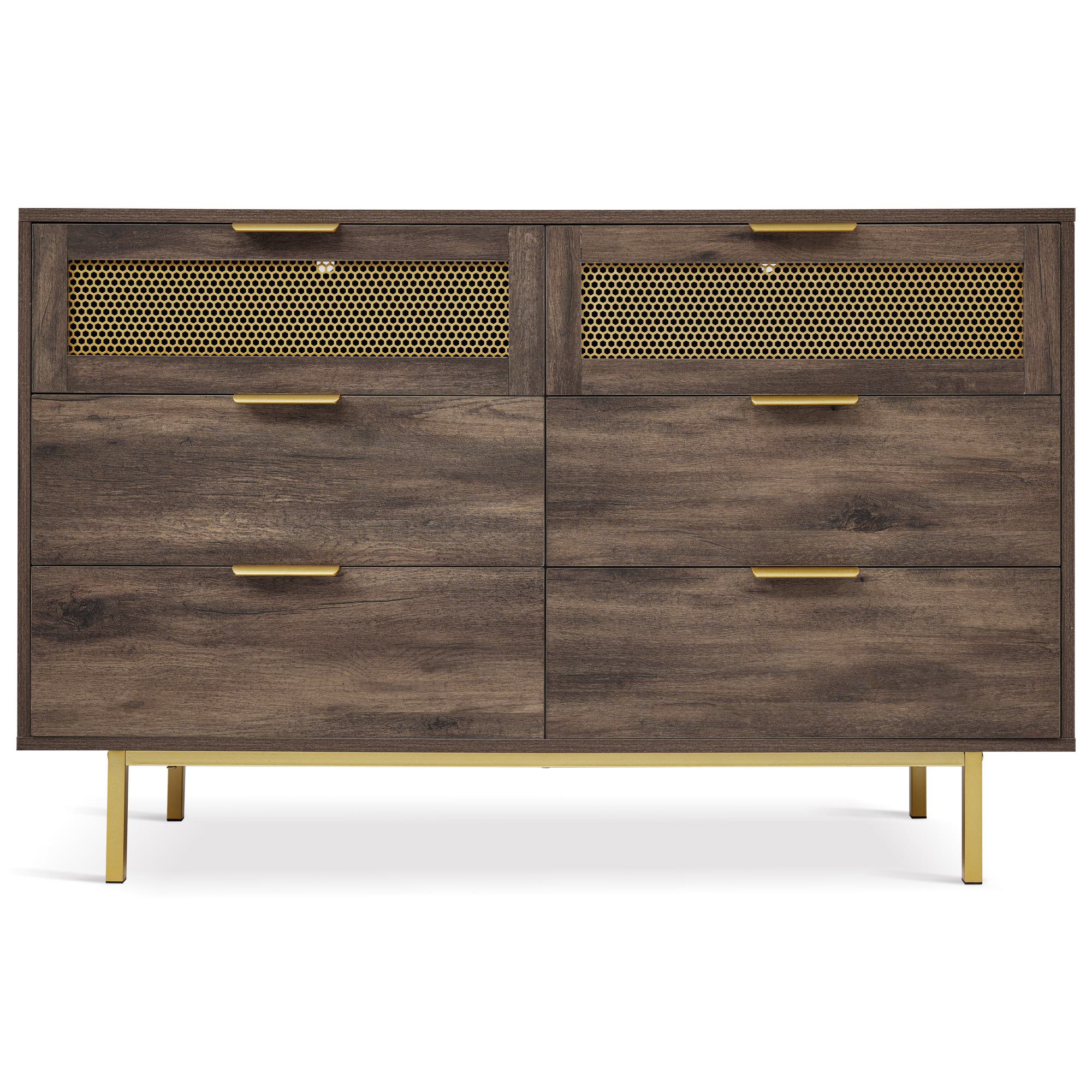 Sideboard Cabinet Dresser with 6 Drawers, Metal Handles, Multipurpose Storage Cabinet for Hallway, Bedroom, 120L x 40W x 76H cm, Dark Brown
