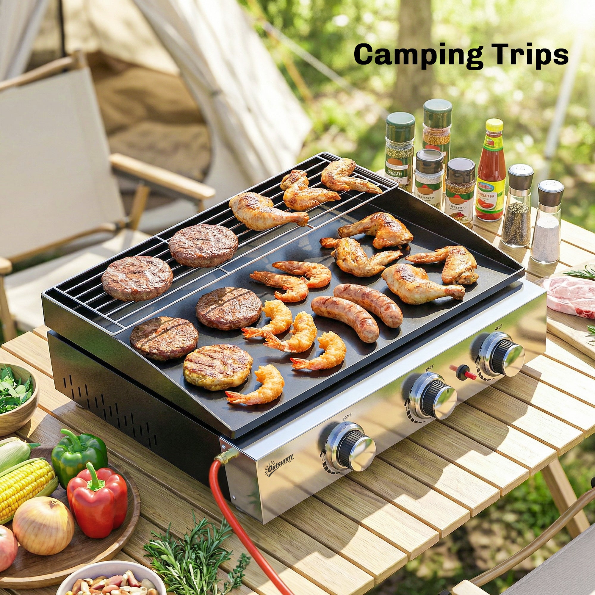 3 Burner Grill Griddle, Portable Gas Plancha with Warming Rack, 7.5 kW, Tabletop Gas BBQ with Grease Cup, Black