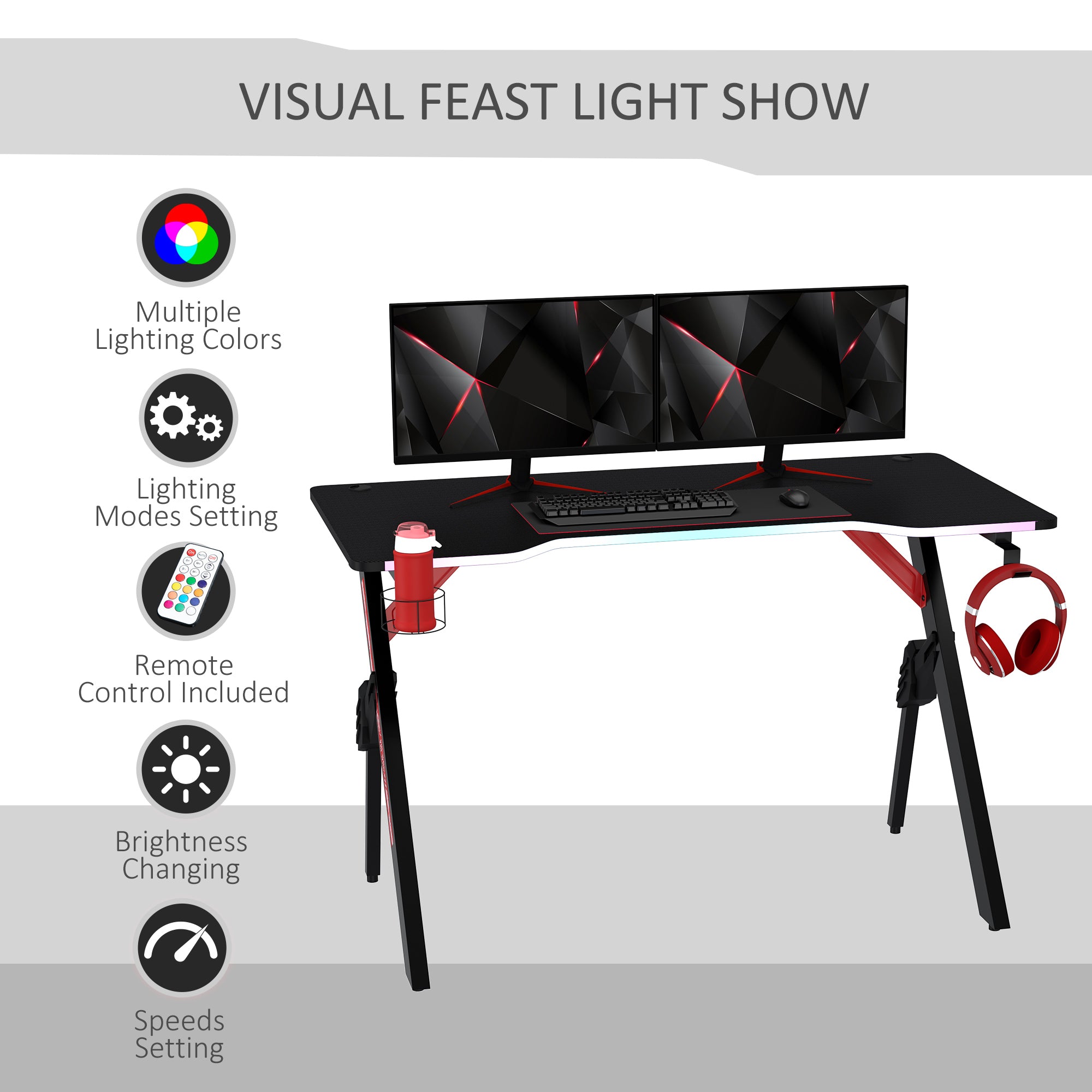 1.2m Gaming Desk w/ RGB Light Steel Frame | Racing Style Computer Table w/ Cup Holder Headphone Cable Management | Study Workstation Home Bedroom - Black