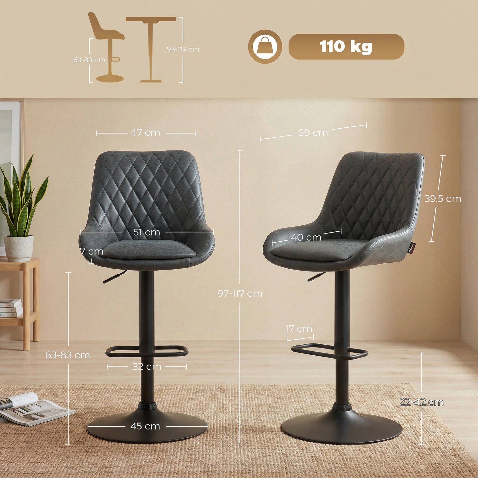 Set of Two Faux Leather Retro Bar Stools - Black