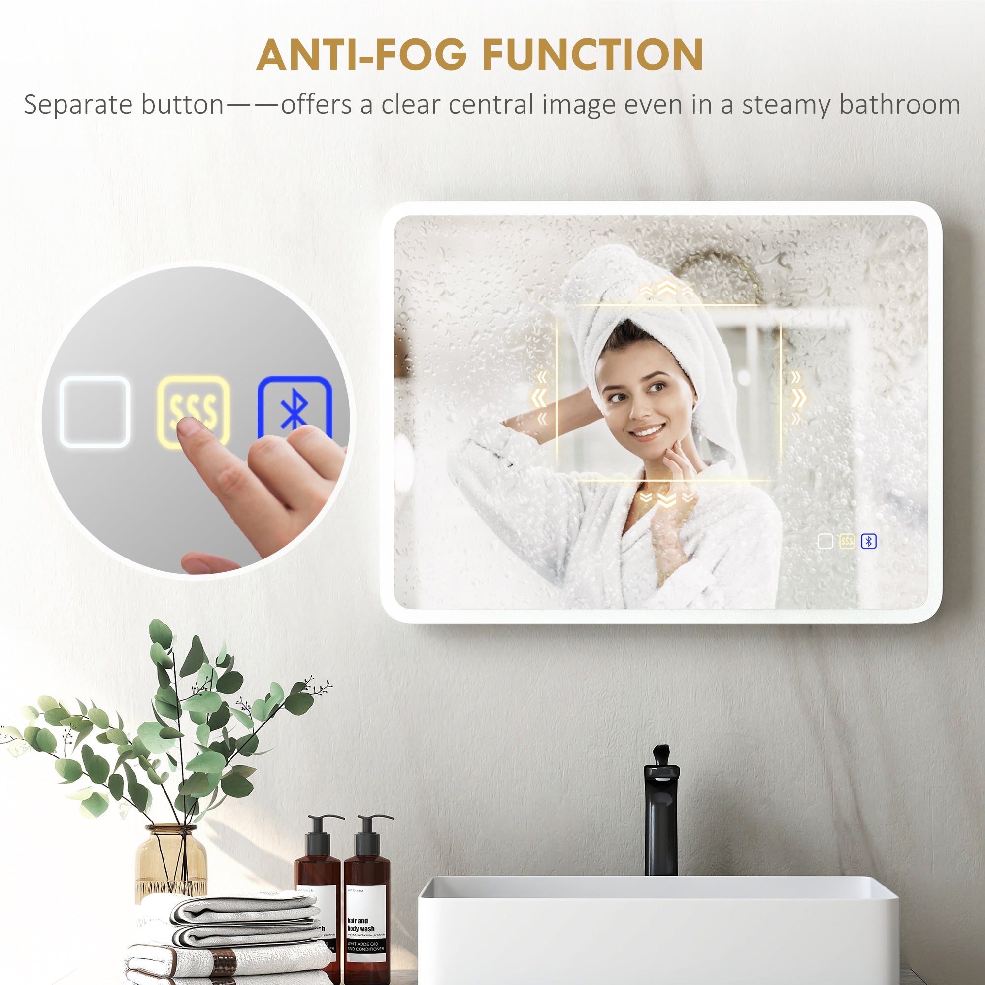 80 x 60cm LED Bathroom Mirror, with Bluetooth - Silver Tone