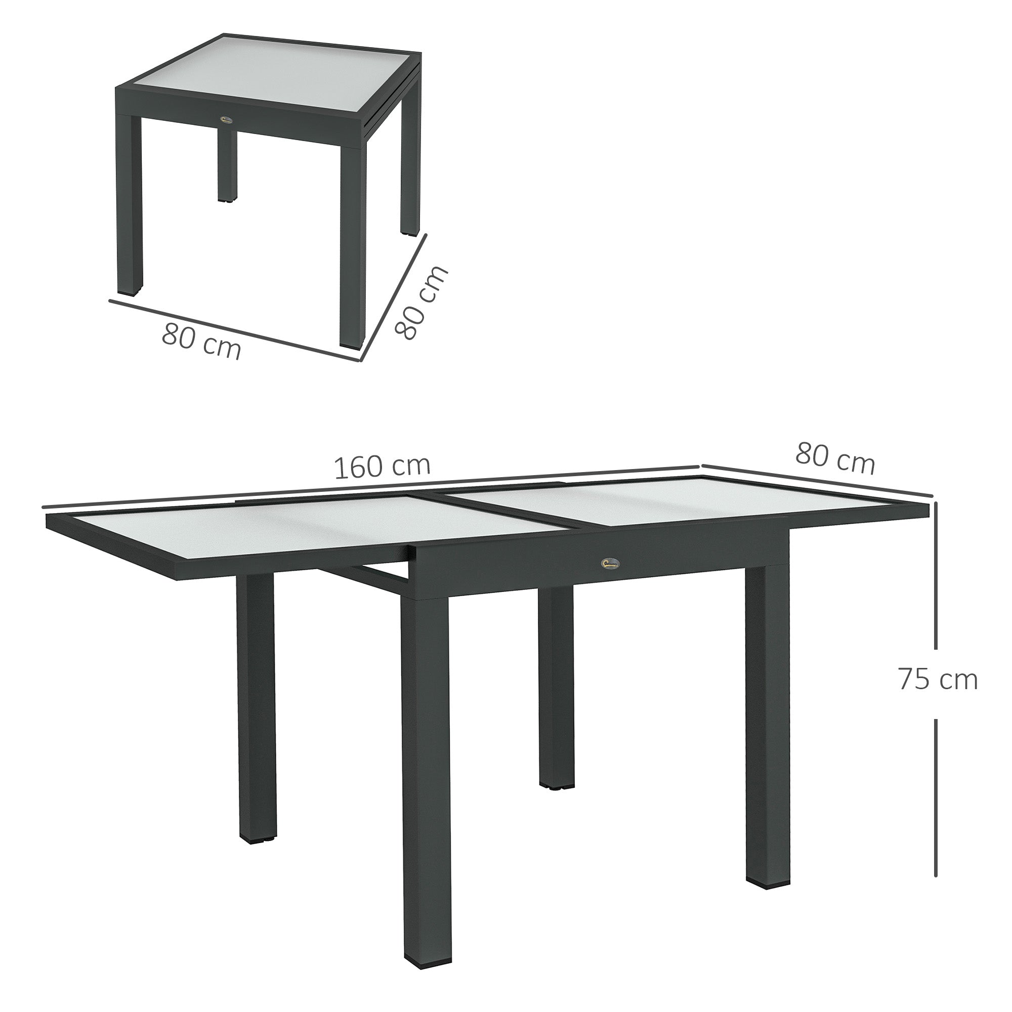 Extending Garden Table, Outdoor Dining Table with Aluminium Frame and Tempered Glass Tabletop, 80/160 x 80 x 75 cm, Black and Clear