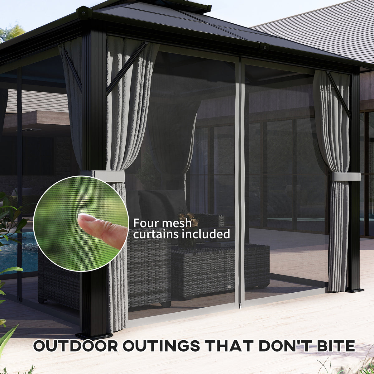 3 x 3m Hardtop Gazebo Canopy with UPF30+ Double Polycarbonate Roof, Aluminium Frame, Mosquito Netting & Curtains - Grey