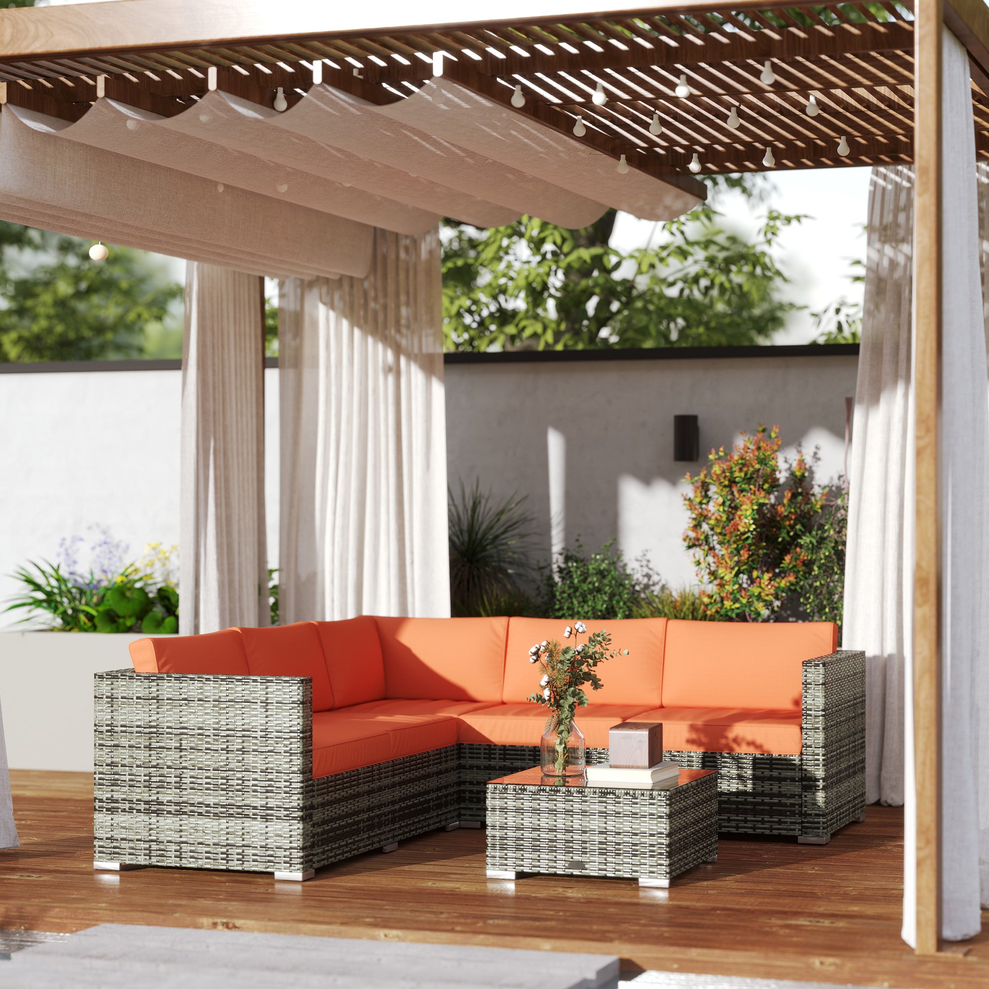 Four-Piece Rattan Sofa Set - Orange/Grey