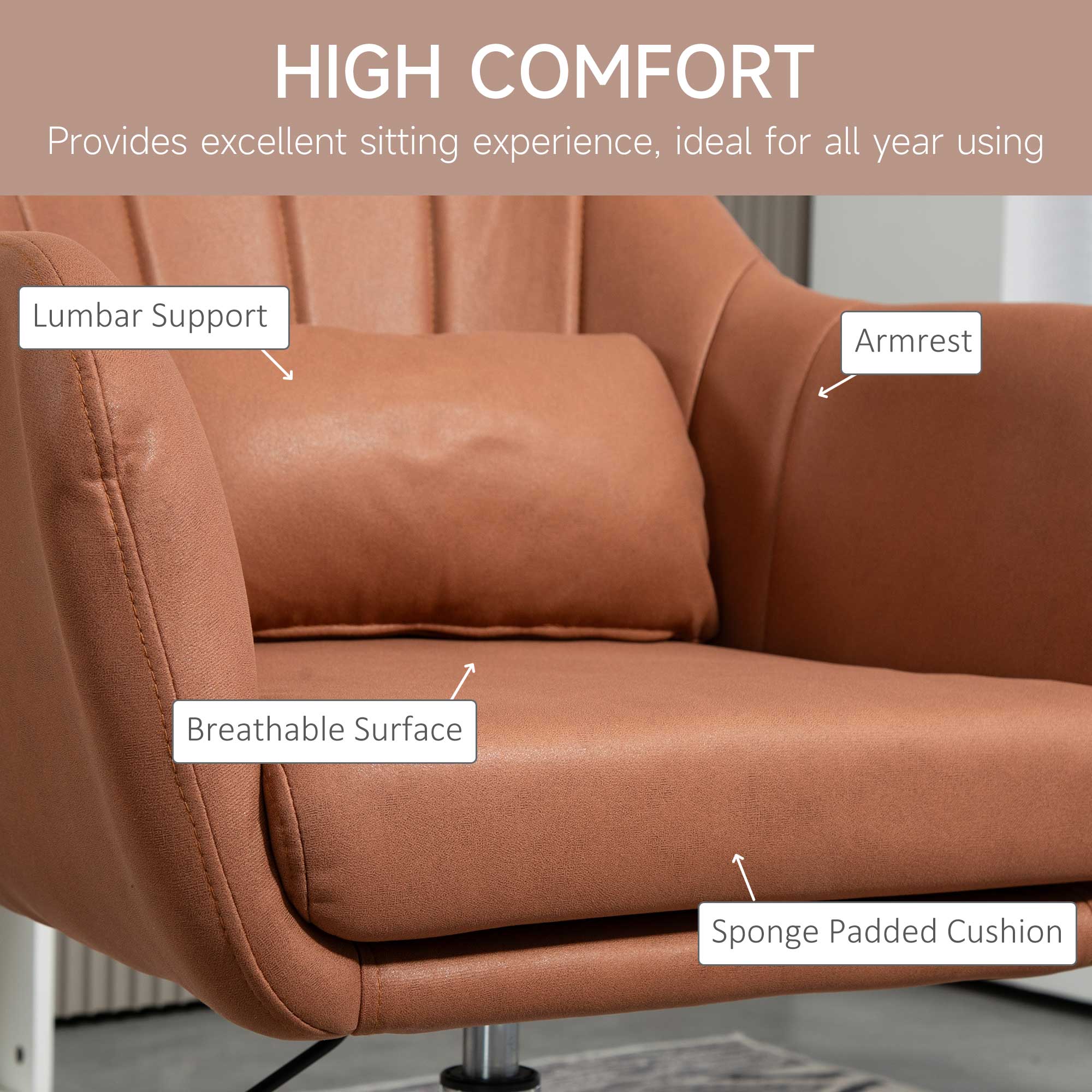 Swivel Microfibre Accent Chair for Living Room Contemporary Vanity Armchair with Adjustable Height Thick Cushion Lumbar Support Armrest for Bedroom Office Brown