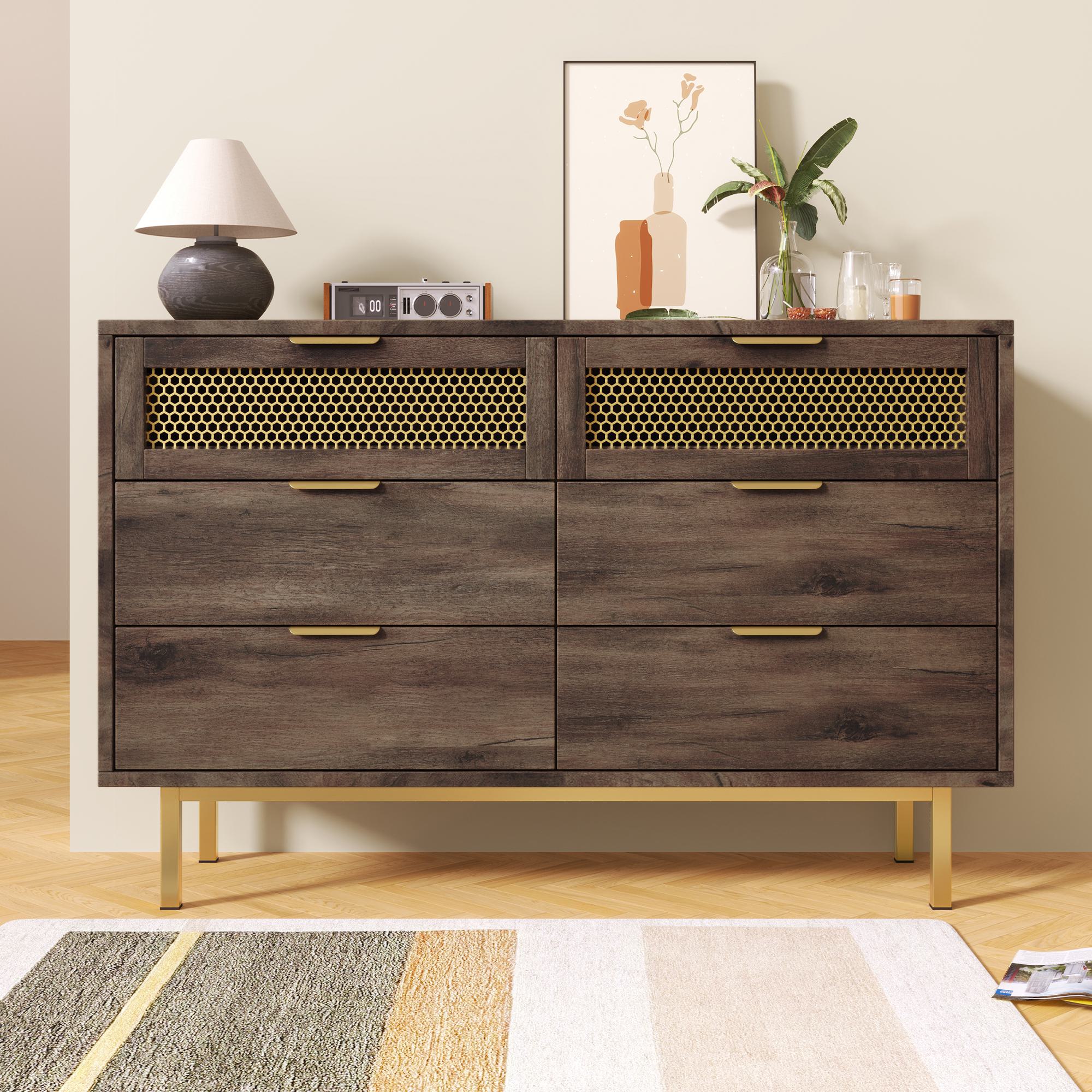 Sideboard Cabinet Dresser with 6 Drawers, Metal Handles, Multipurpose Storage Cabinet for Hallway, Bedroom, 120L x 40W x 76H cm, Dark Brown