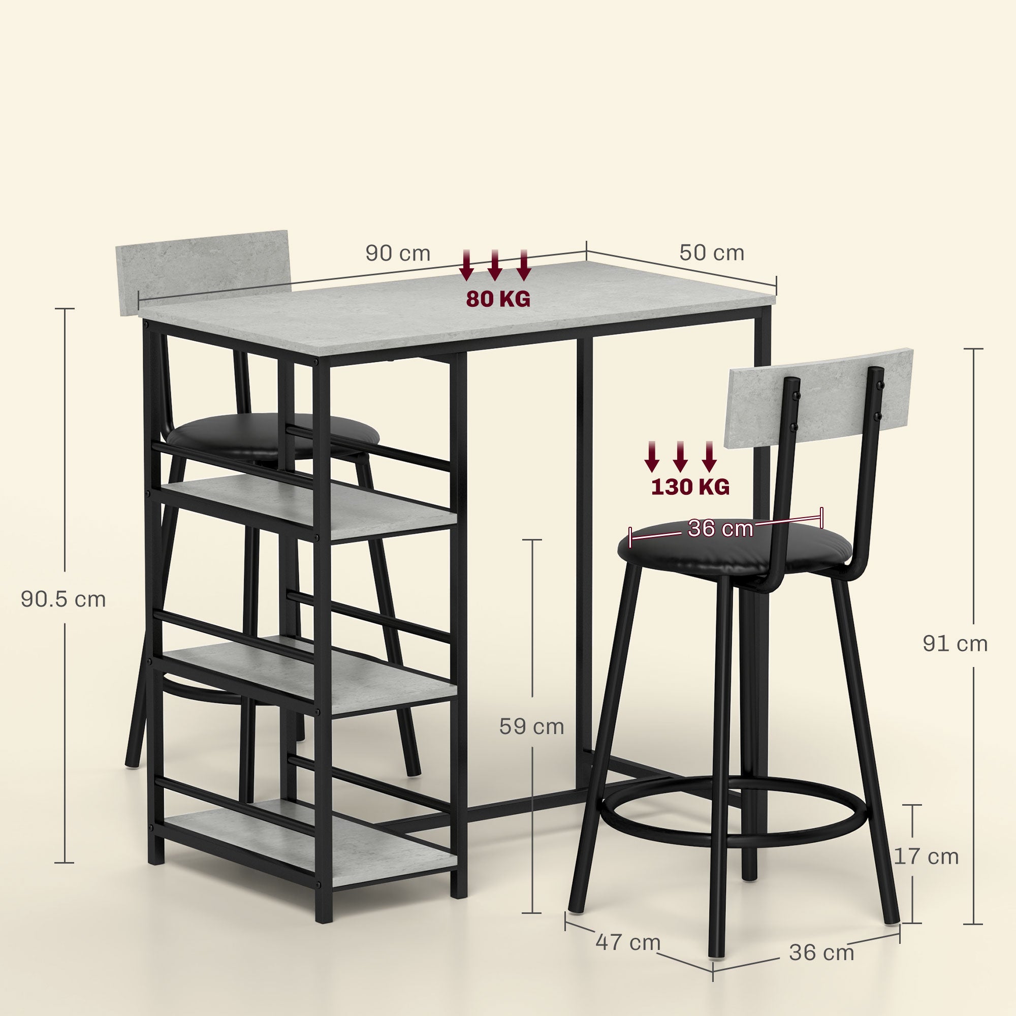 Three-Piece Kitchen Dining Set with Shelves - Grey/Black