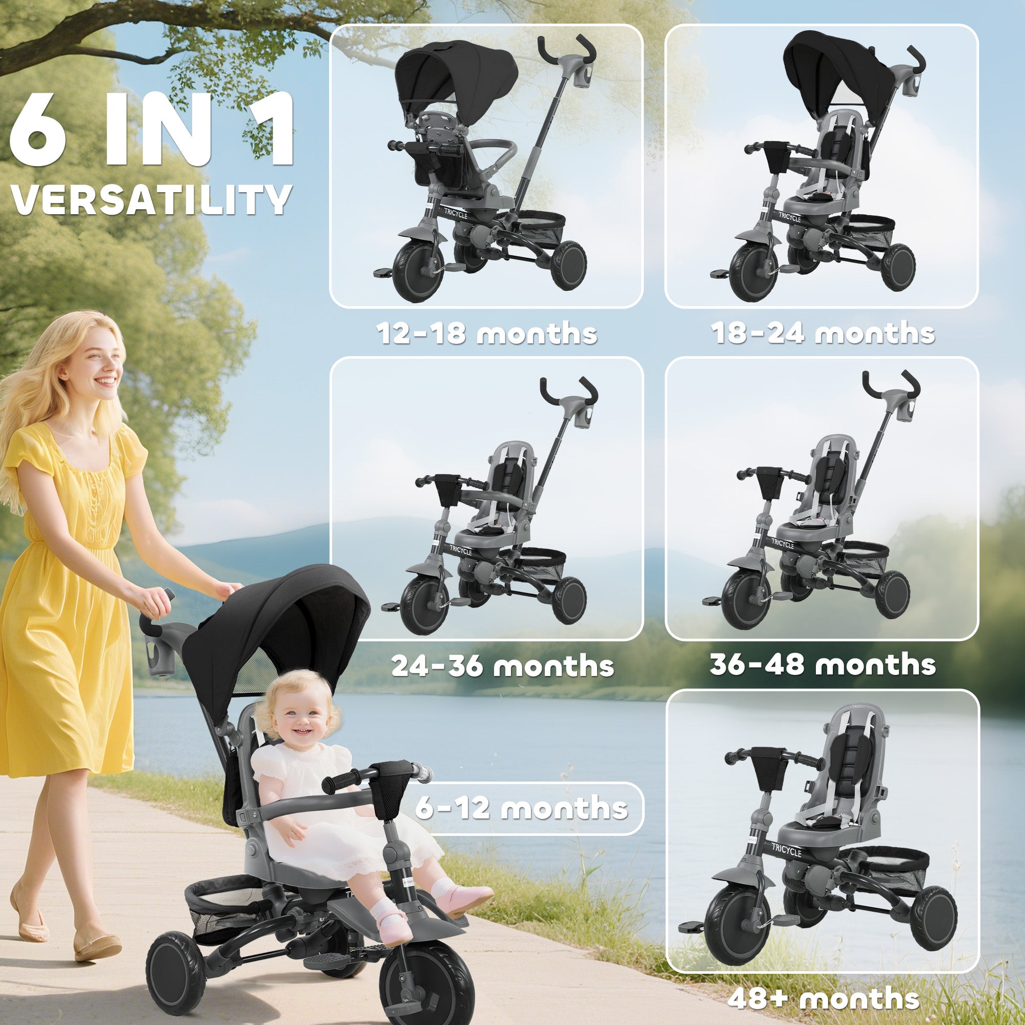 6 in 1 Foldable Kids Trike with Adjustable Parent Handle & Canopy for Ages 1-5, Black