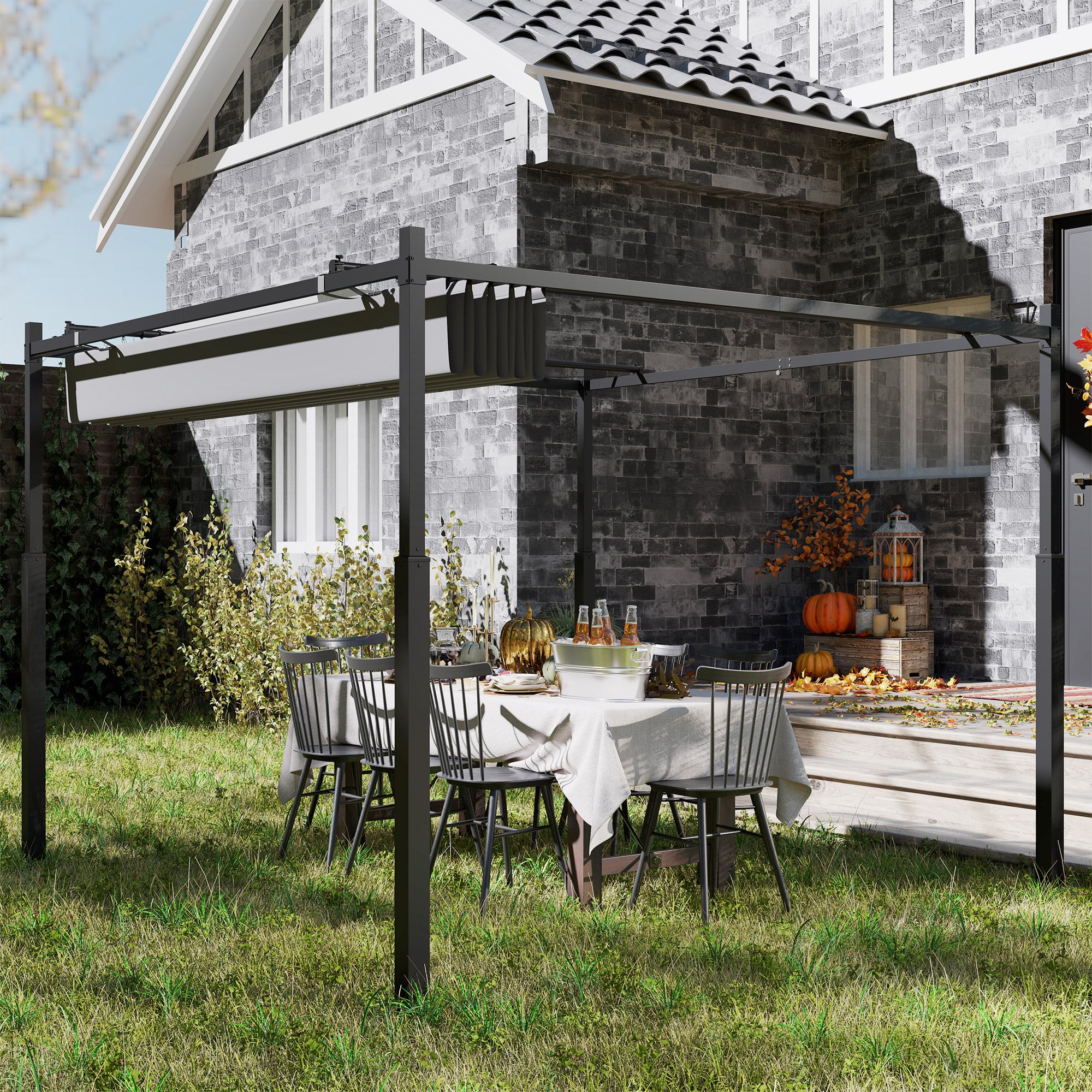 3 x 3 Metre Metal Pergola with Retractable Roof and Magnetic Fixing - Grey