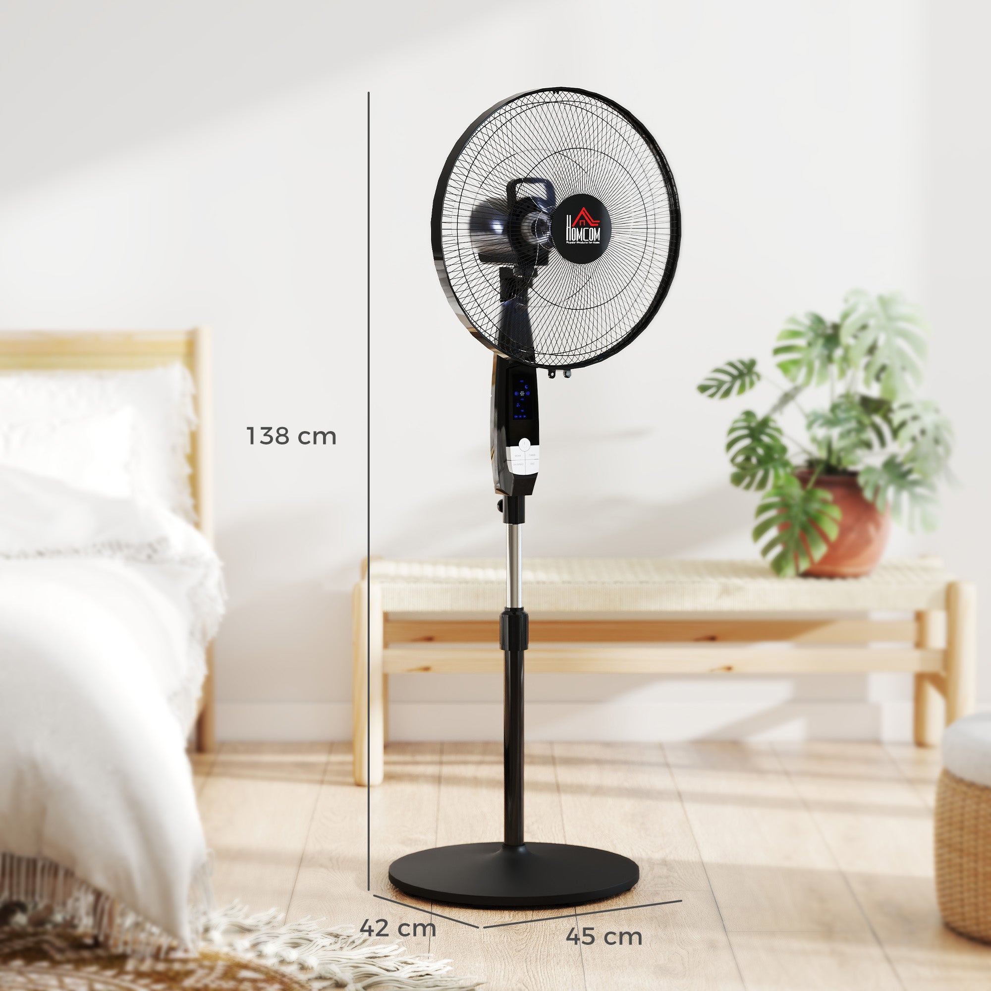 40 cm Pedestal Standing Floor Fan, Oscillation Cooling Fan with Remote Control, Black