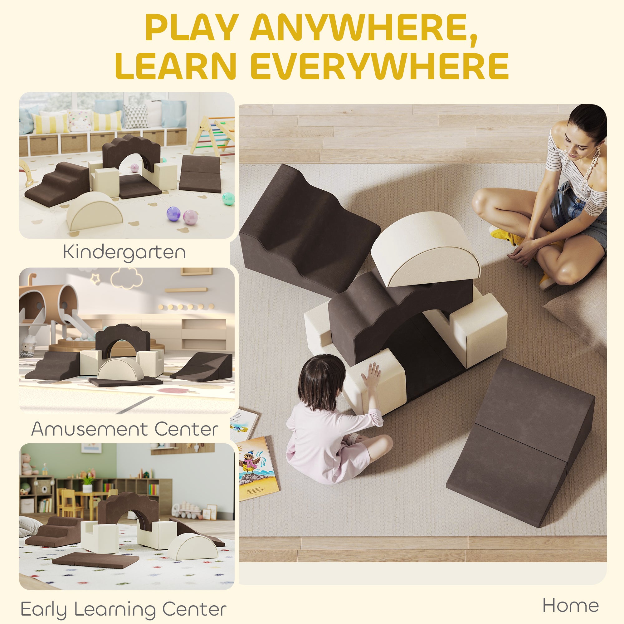 7 Piece Kids Soft Play Set with Detachable Cover, Baby Indoor Climb and Crawl Foam Toy for Toddlers, Preschoolers, Brown
