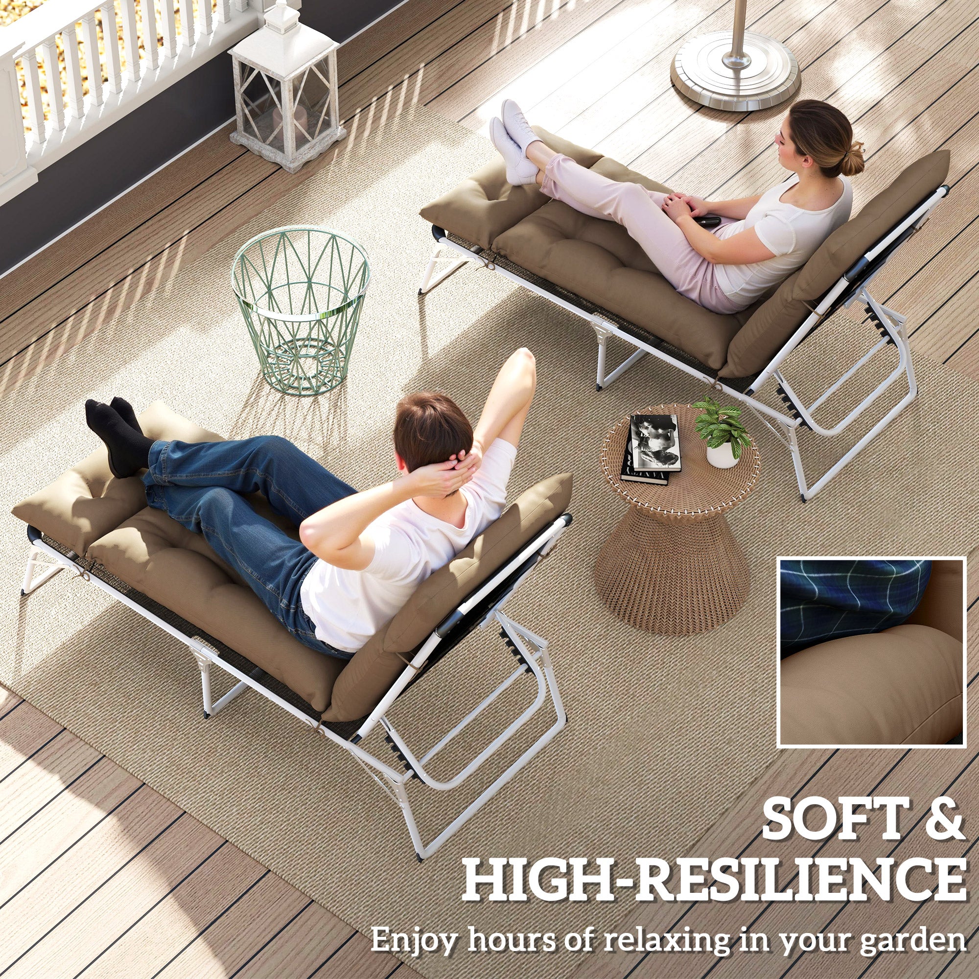 Set of 2 Sun Lounger Cushions with High-Resilience Foam - Khaki