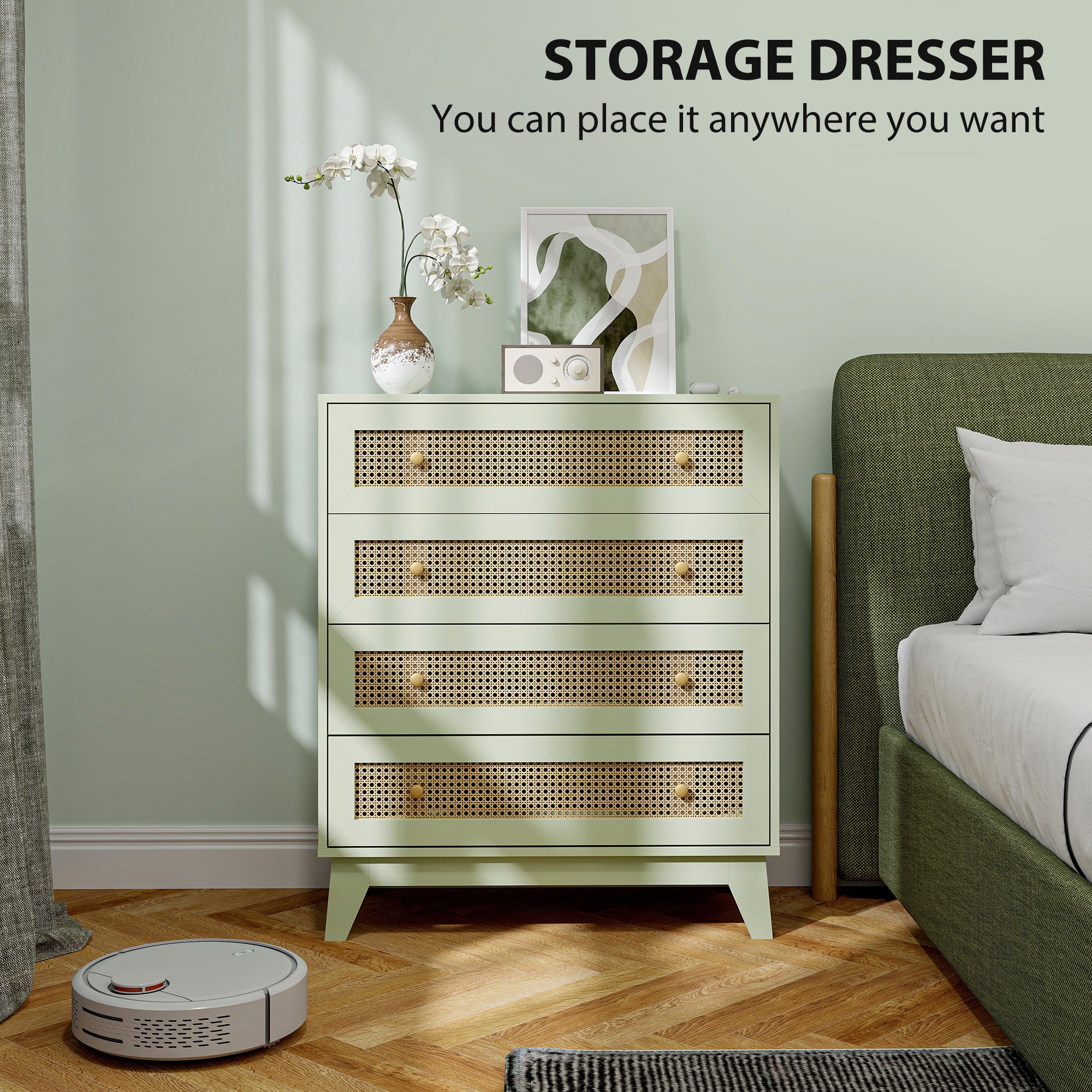Rattan Chest of Drawers, 4 Drawer Storage Unit with Tapered Legs, Bedroom Storage Organiser Dresser for Bedside, Entryway, Hallway, Living Room, Light Green