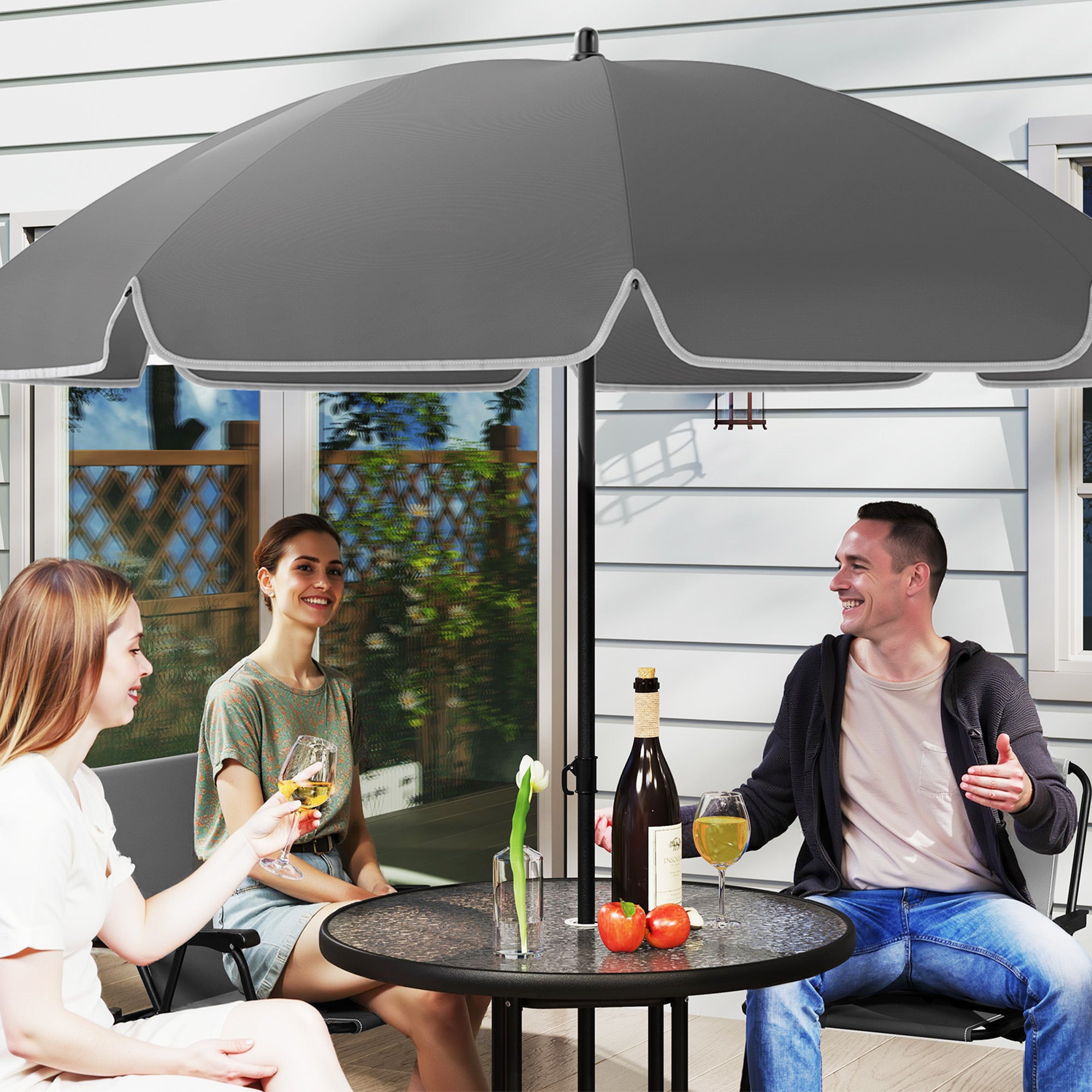 4 Seater Garden Furniture Set with 6 Pieces Table, Folding Chairs & Parasol - Grey
