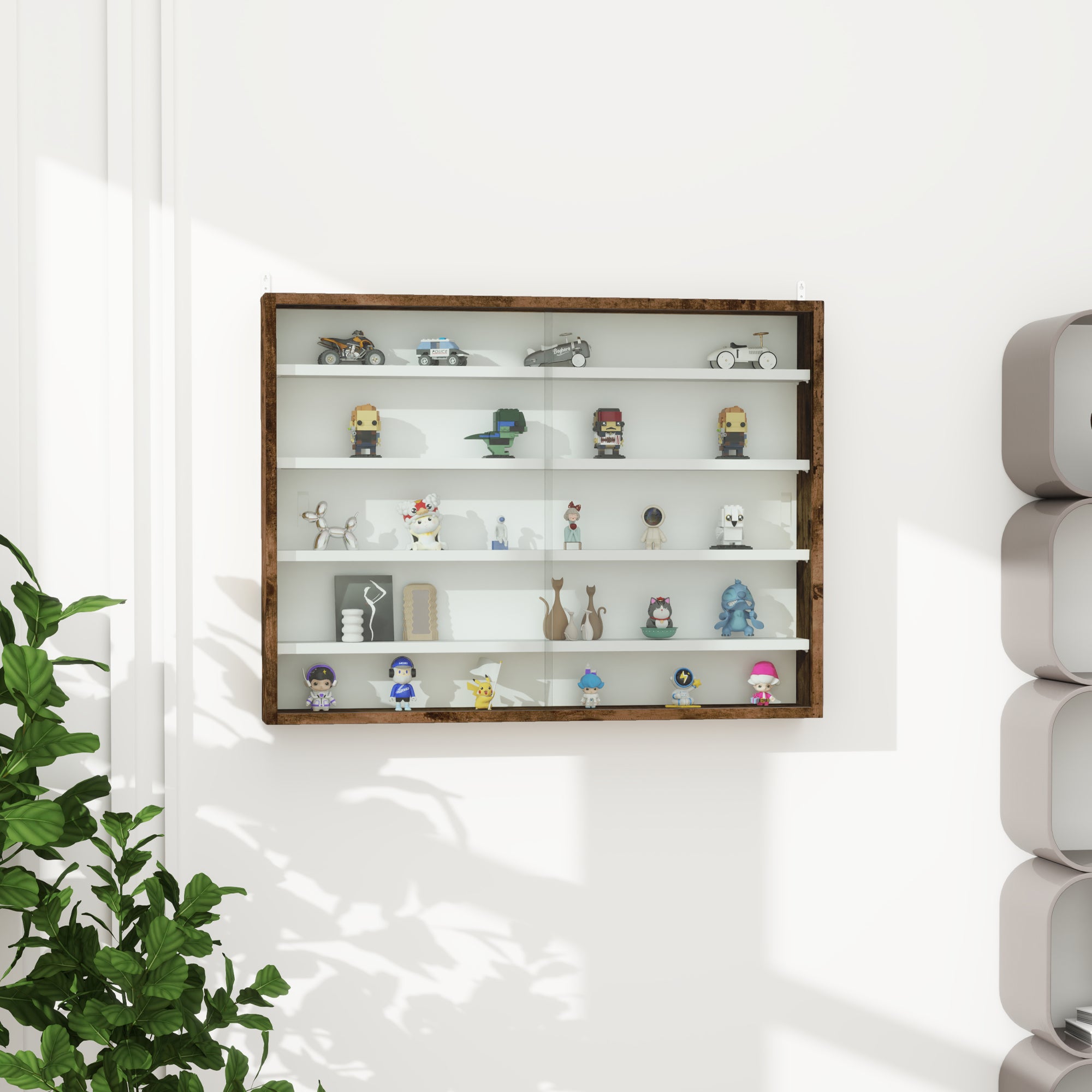 5-Tier Wall Display Shelf Cabinet with 4 Adjustable Shelves and Glass Doors 60x80cm - Rustic Brown
