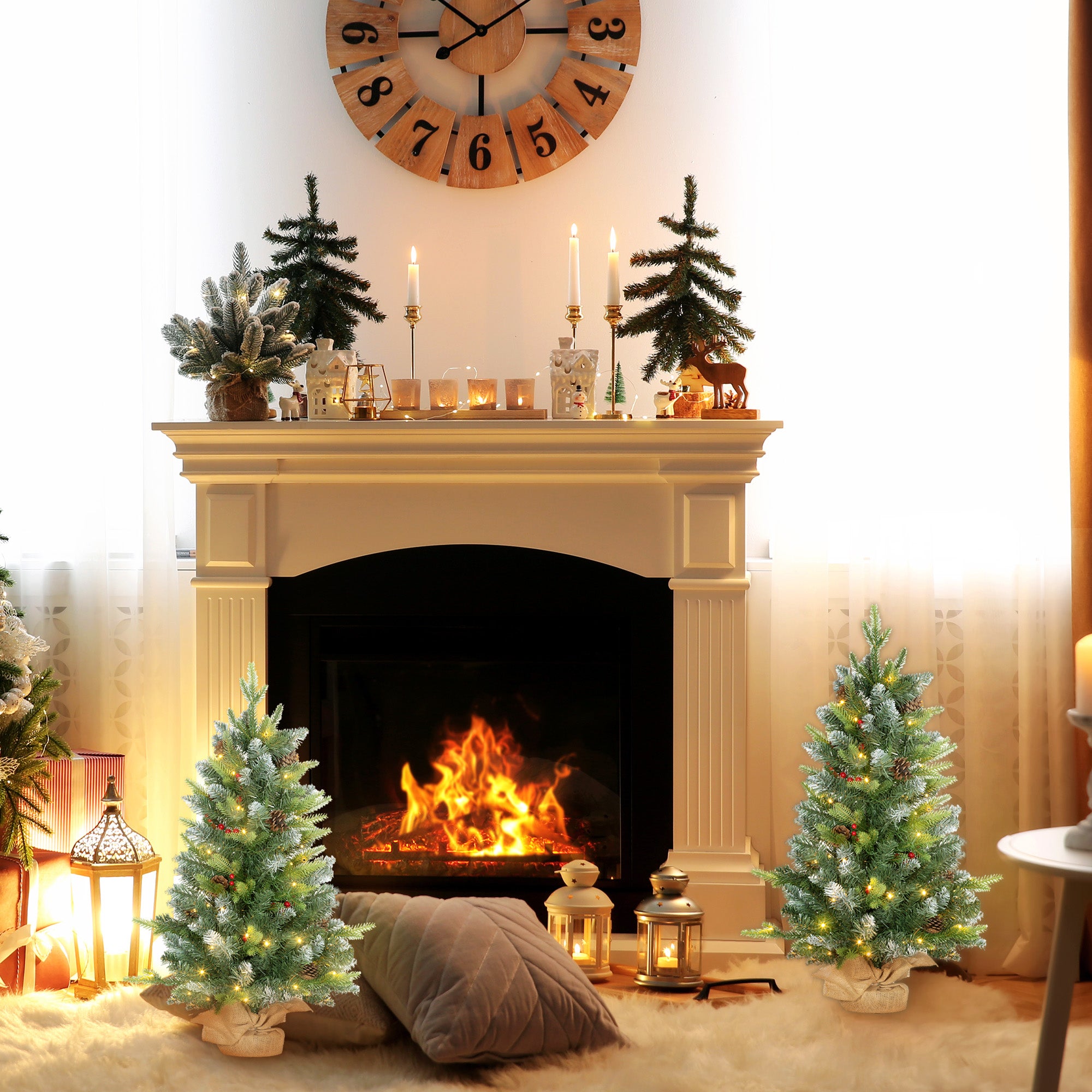 Set of Two 3ft Christmas Trees, with Lights, Berries and Pinecones