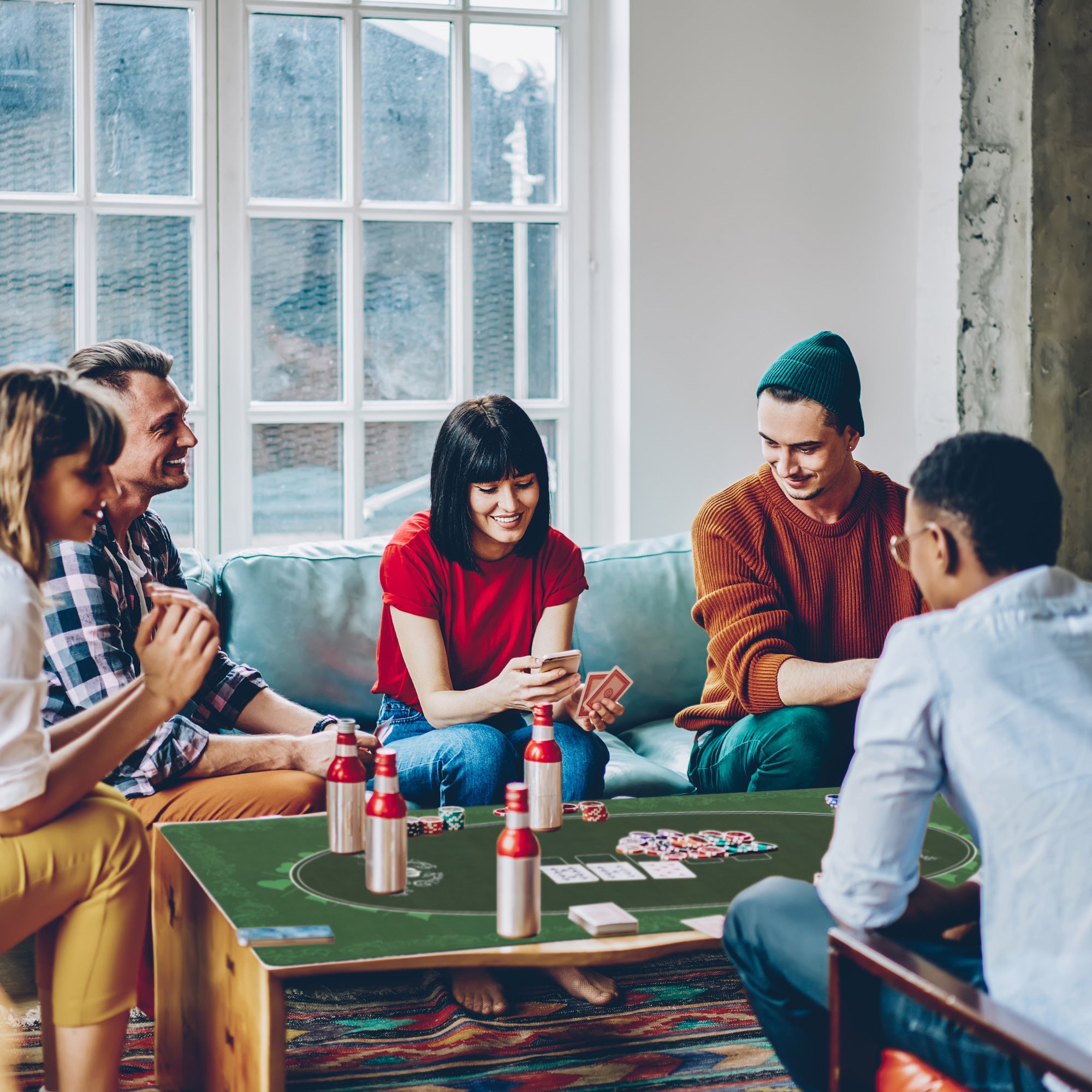 120 x 60 cm Professional Texas Hold'em Poker Mat 6 Player Water-Resistant Poker Table Top Rubber Poker Table Mat with Felt Surface Carry Bag, Green