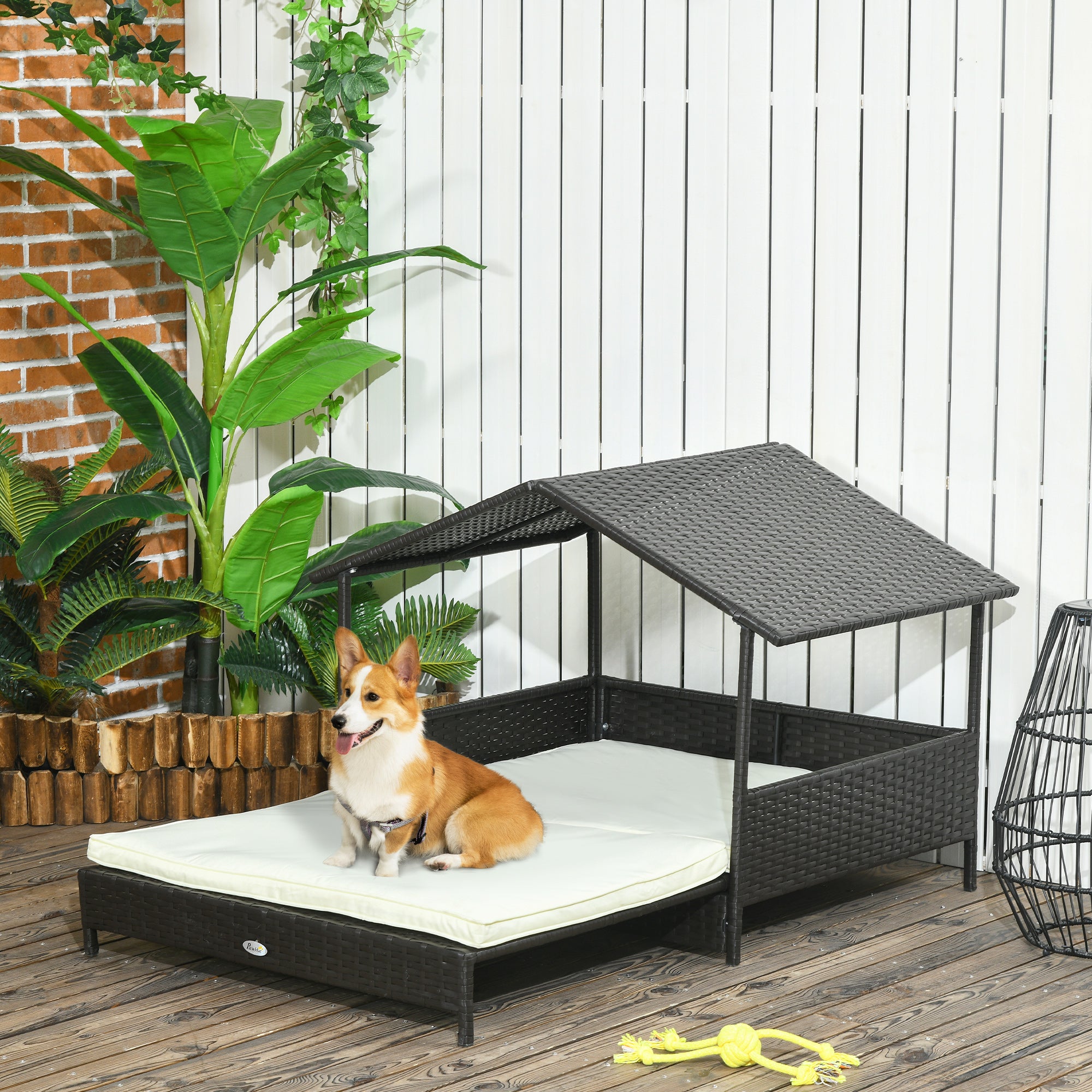 Extendable Elevated Dog Bed, Rattan Dog House, with Water-Resistant Roof, Removable Cushion, for Small, Medium Dogs