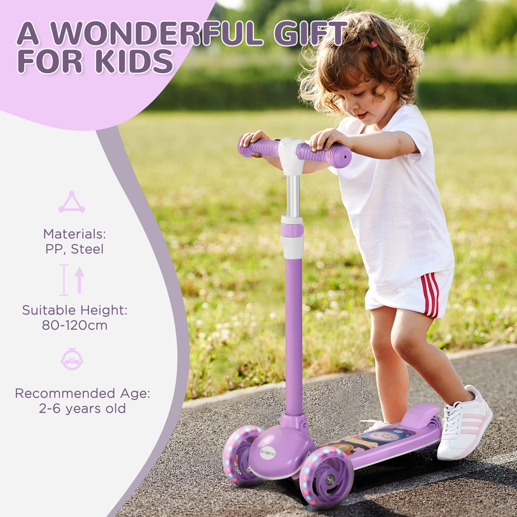 Kids 3 Wheel Scooter with Adjustable Height and LED Lights for Ages 2-6 - Purple