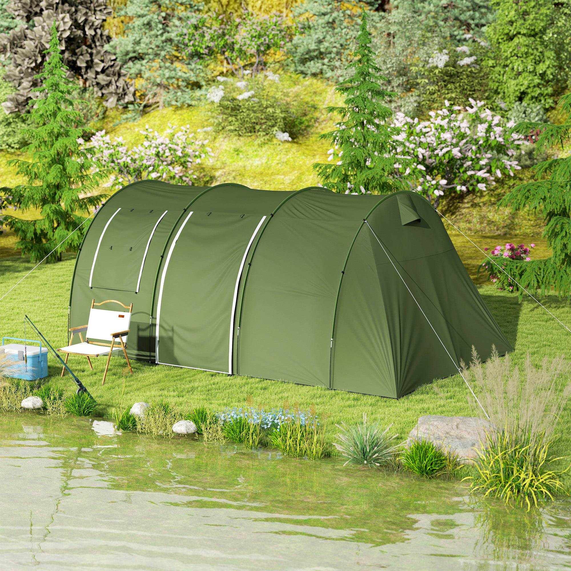 5-6 Man Camping Tent with 2 Room, Floor and Carry Bag - Green