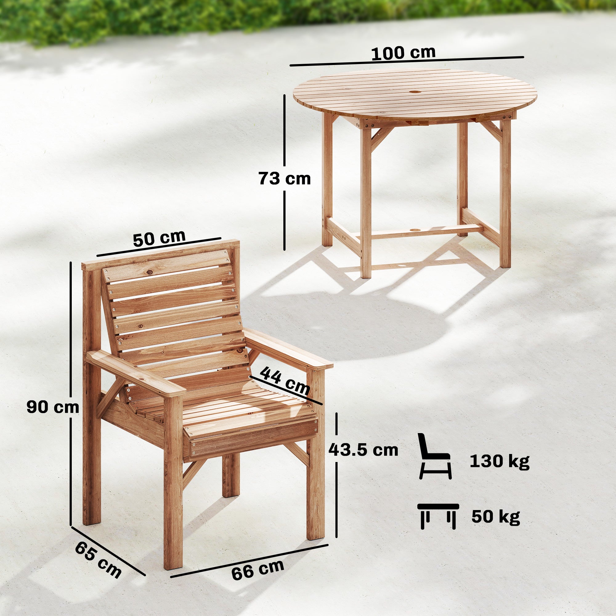 5 Pieces Garden Dining Set with Parasol Hole, Round Outdoor Table and Chairs, 4 Seater Wooden Garden Furniture, Natural