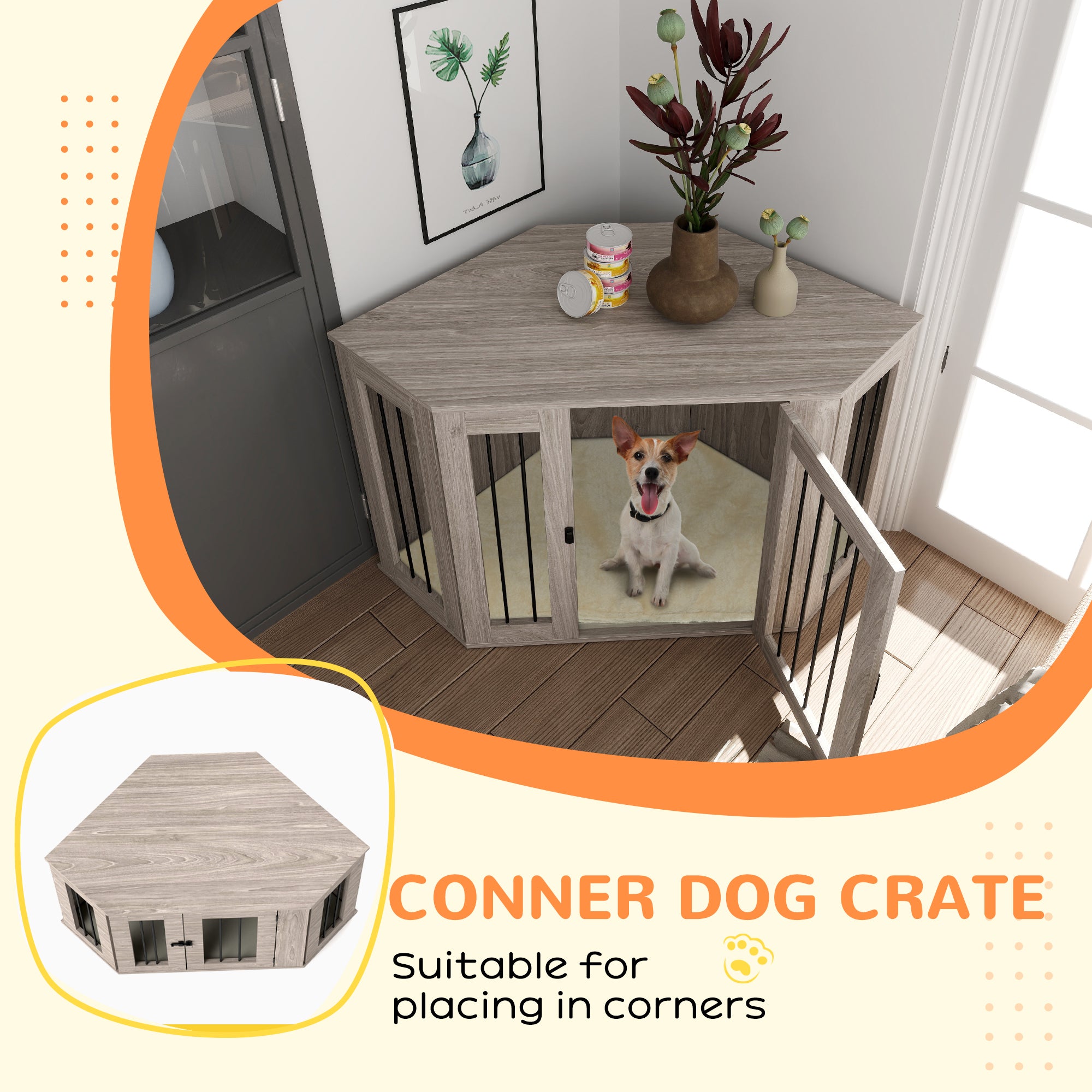 2 in 1 Dog Crate Furniture Side Table, with Cushion, 122 x 61 x 71cm - Walnut Brown