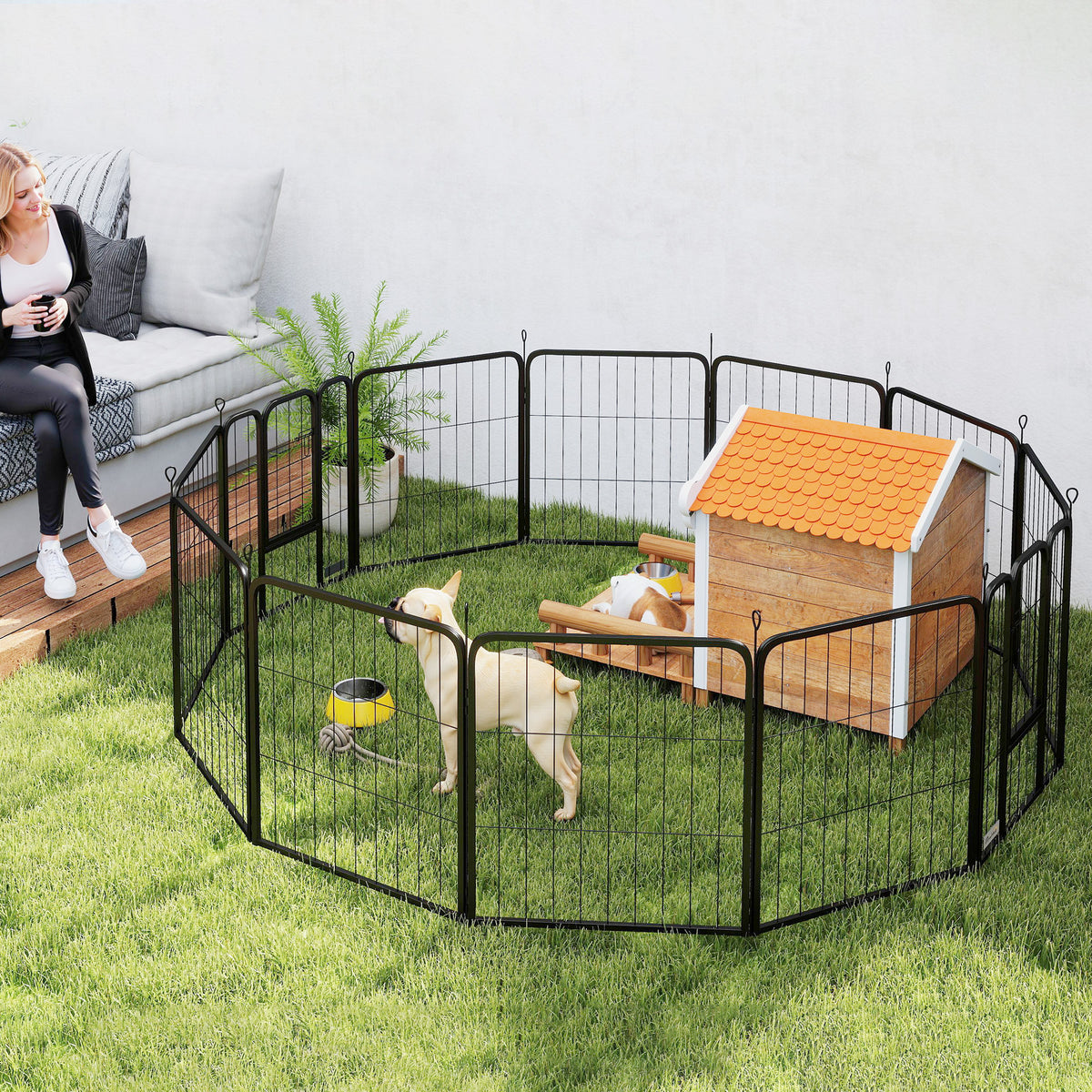 Heavy Duty 12-Panel Dog Playpen with Doors for Medium Dogs, 80cm High - Black