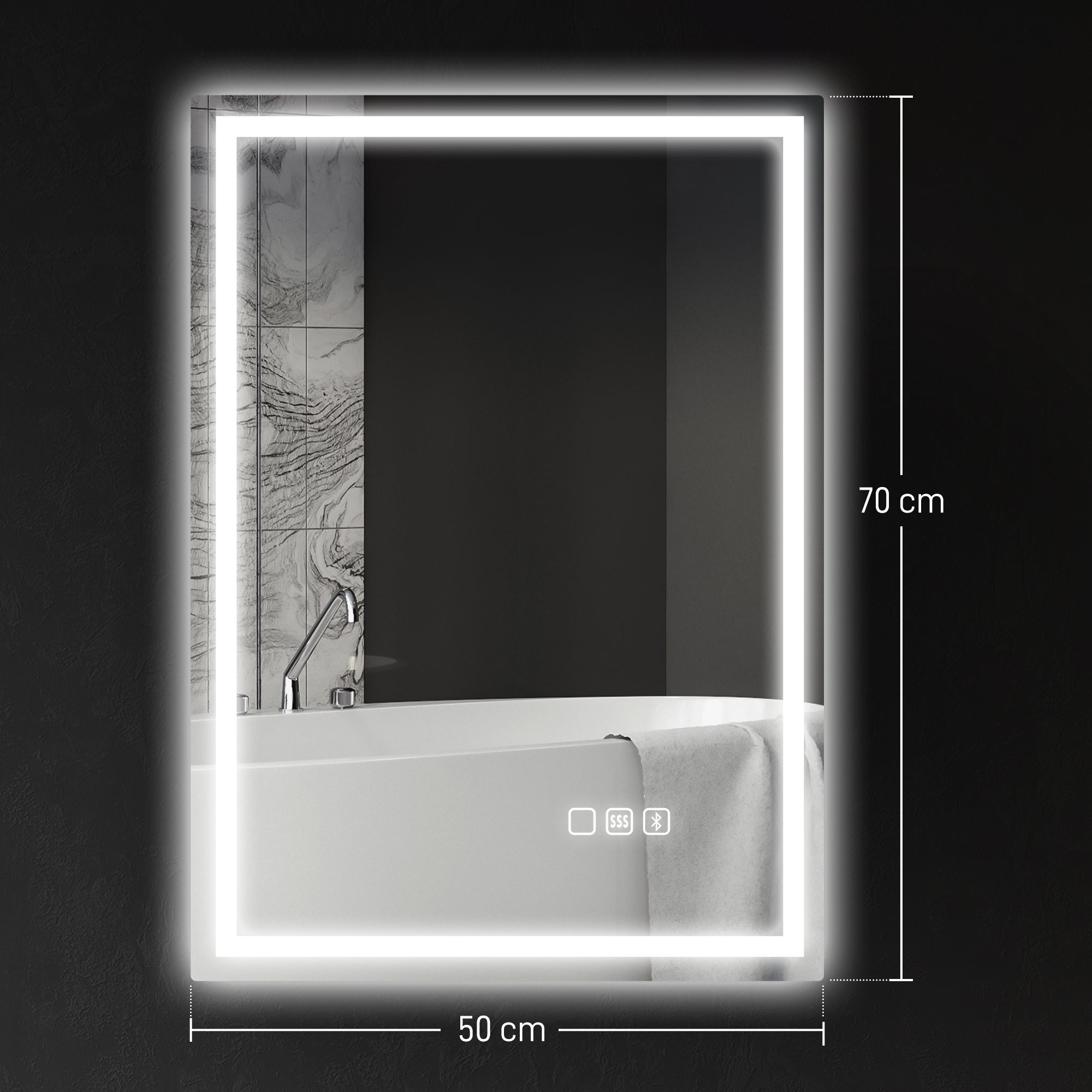 50 x 70 cm Anti-Fog LED Bathroom Mirror, with Bluetooth - Silver Tone